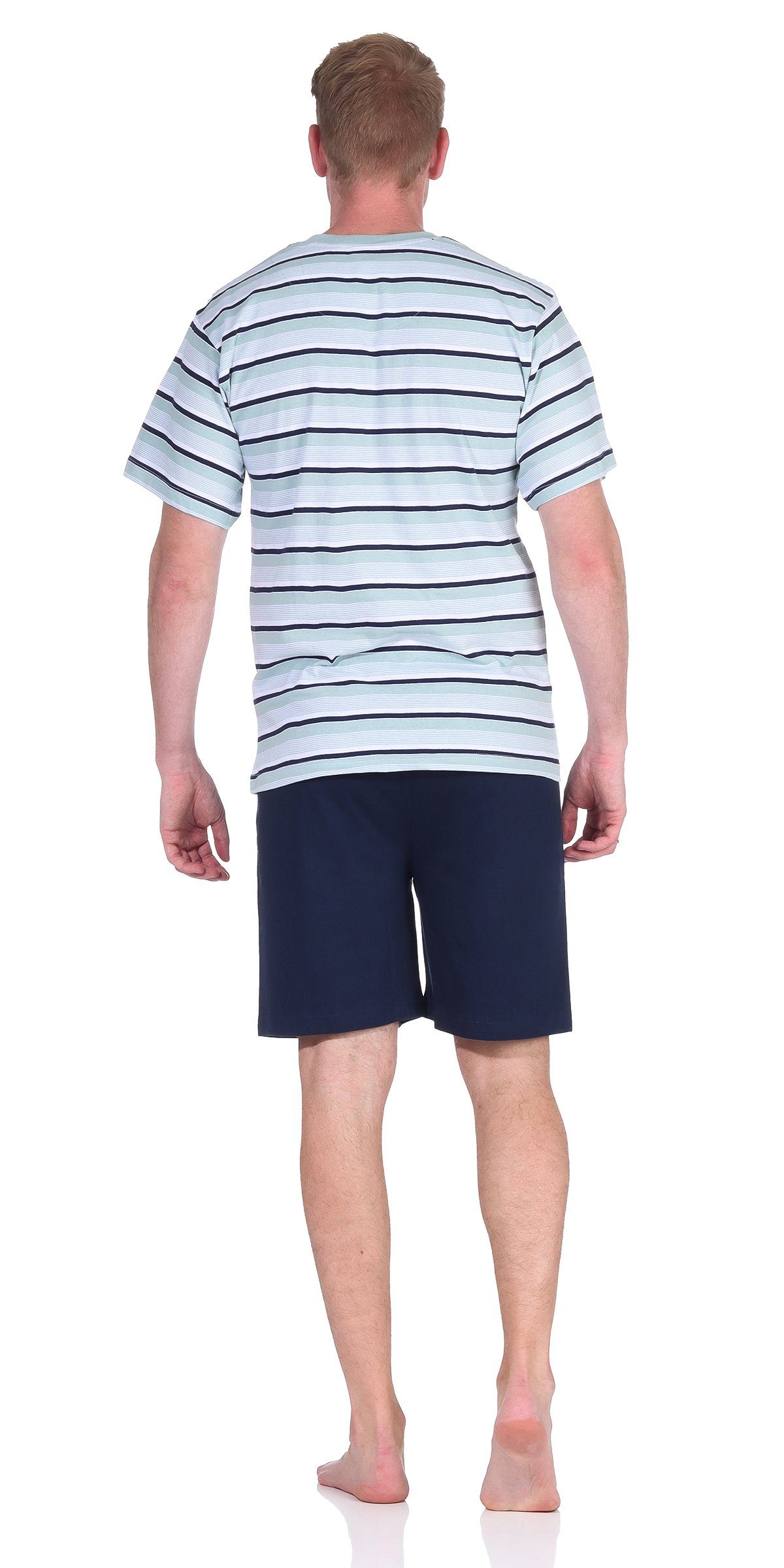 Schlafanzug Single-Jersey Herren Moonline mit Baumwolle Kurzarm Shorty 100% Aqua Shorty V-Ausschnitt