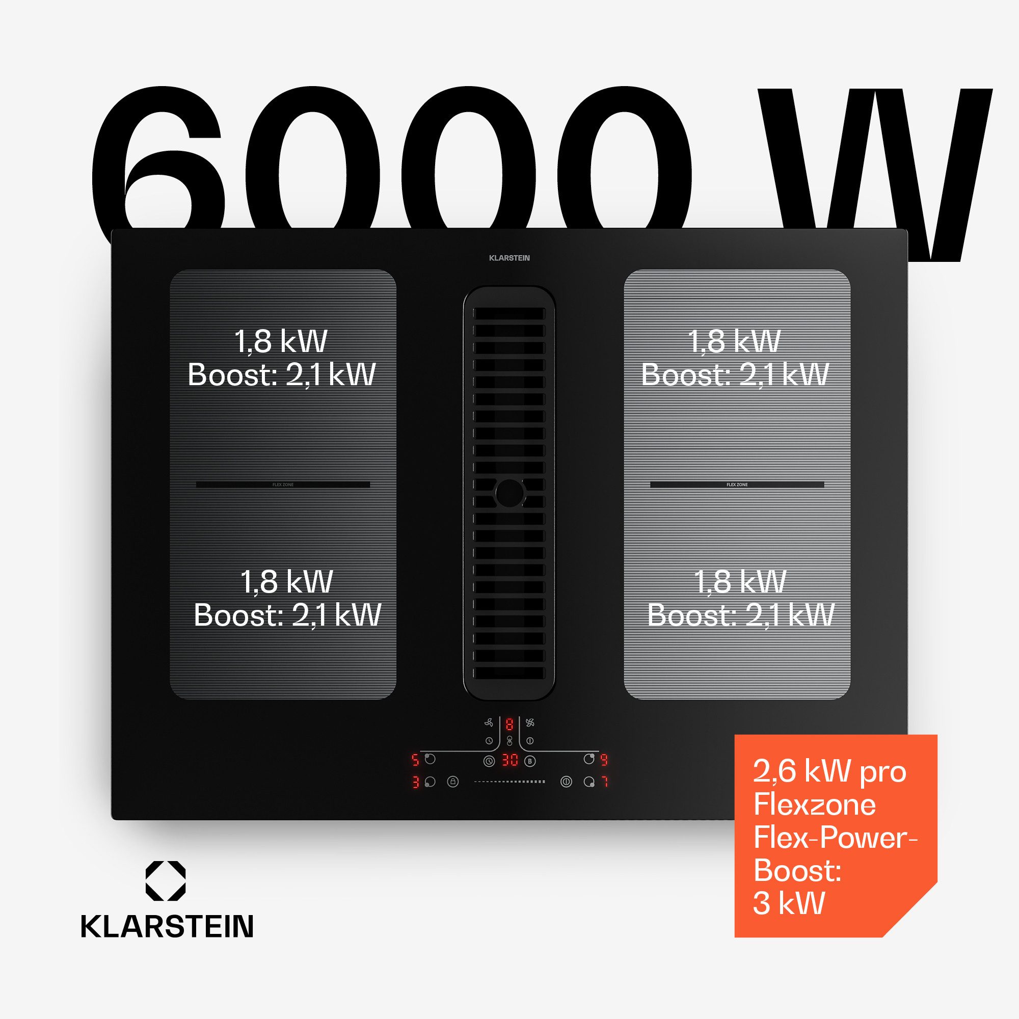 Klarstein Unterbauhaube Full House Serie Full House Down Air 70 cm 4 Zonen 7335W 530 m³/h Boost Touch Timer Full House, Einbau-Kochfeld mit Abzugshaube autark 7335W & Filter