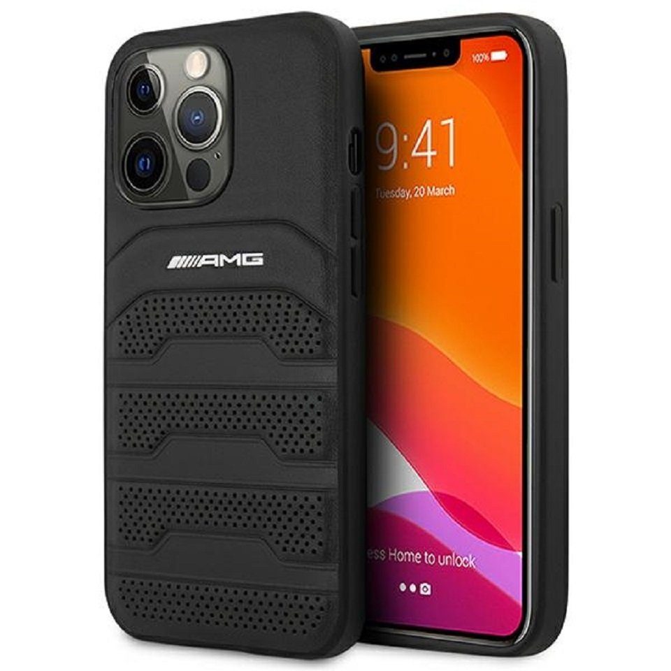 Mercedes Handyhülle Case AMG Echtleder Logo schwarz iPhone 14 Pro 6,1 Zoll, Kantenschutz
