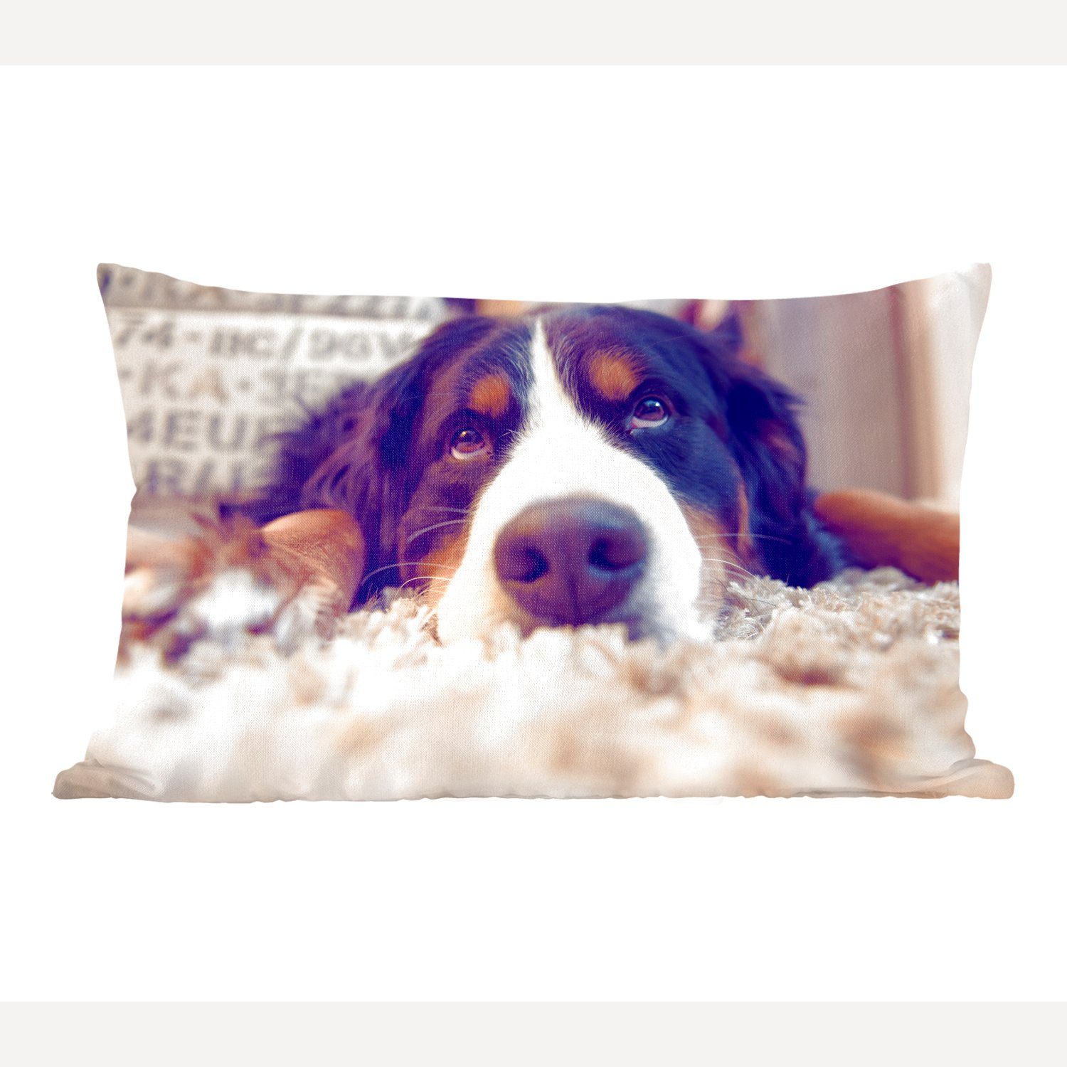 MuchoWow Dekokissen Berner Sennenhund auf einem weichen Teppich liegend, Wohzimmer Dekoration, Zierkissen, Dekokissen mit Füllung, Schlafzimmer