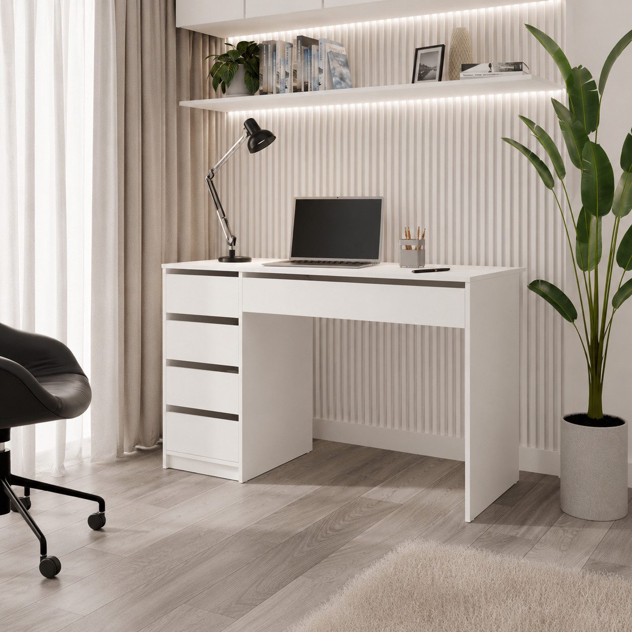 ibonto Schreibtisch Computertisch mit Stauraum 5 Schubladen, mattweiß (1 Schreibtisch), 120 cm breit, 5 Schubladen, mattweiß, mit Stauraum