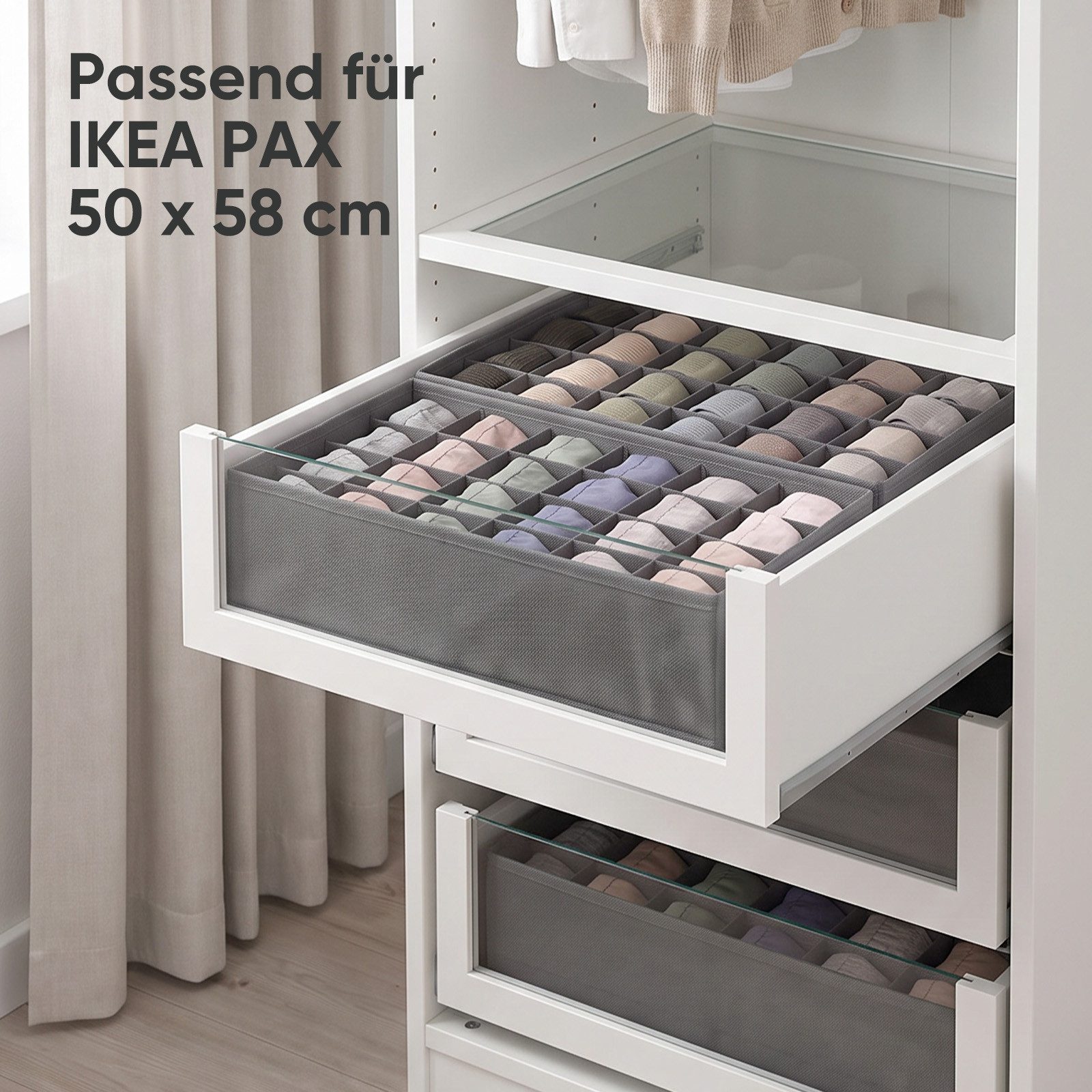 Sekey Aufbewahrungsbox Schubladen Organizer aus Vliesstoff – faltbare Aufbewahrungsboxen, 2er-Set, 39 × 26 × 11 cm für PAX 50, mit Einzelfächern für Socken – Bild 3 von 5