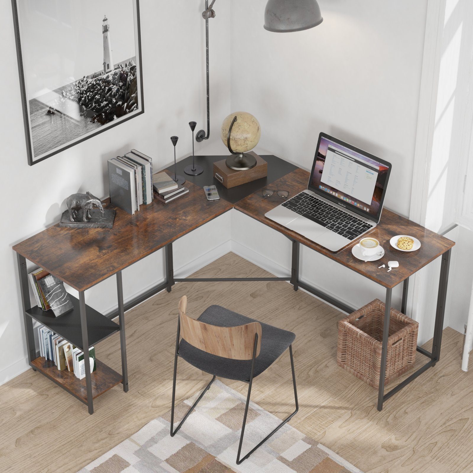 REDOM Schreibtisch L-Schreibtisch mit Ablage, Schreibtisch Computertisch, (Homeoffice Bürotisch (Schwarz+Rustikbraun)