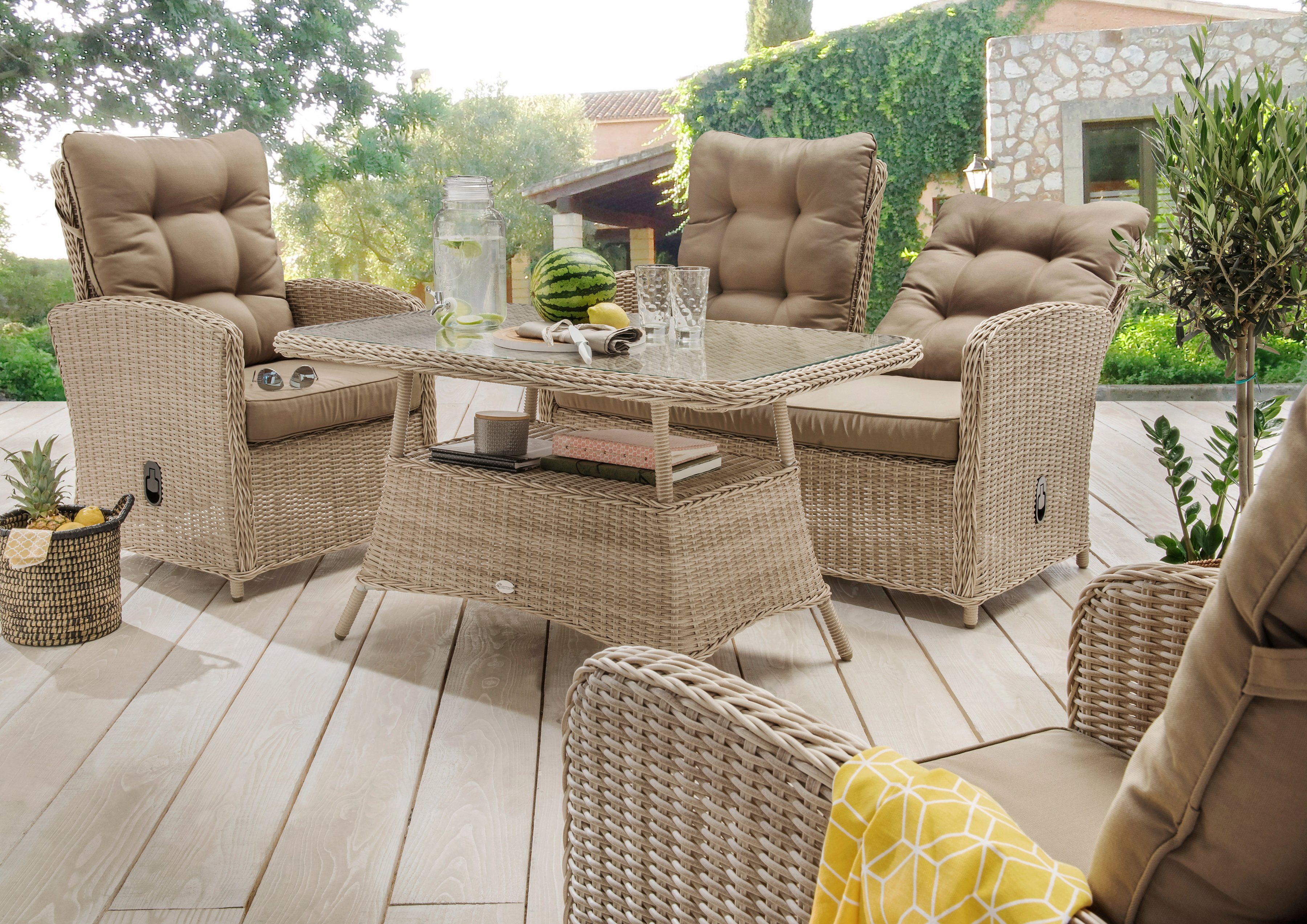 Destiny Gartenlounge-Set MERANO, (11-tlg), Polyrattan, 2 Sessel, 2er Sofa, 1 Tisch 120x77x66cm, inkl. Auflagen