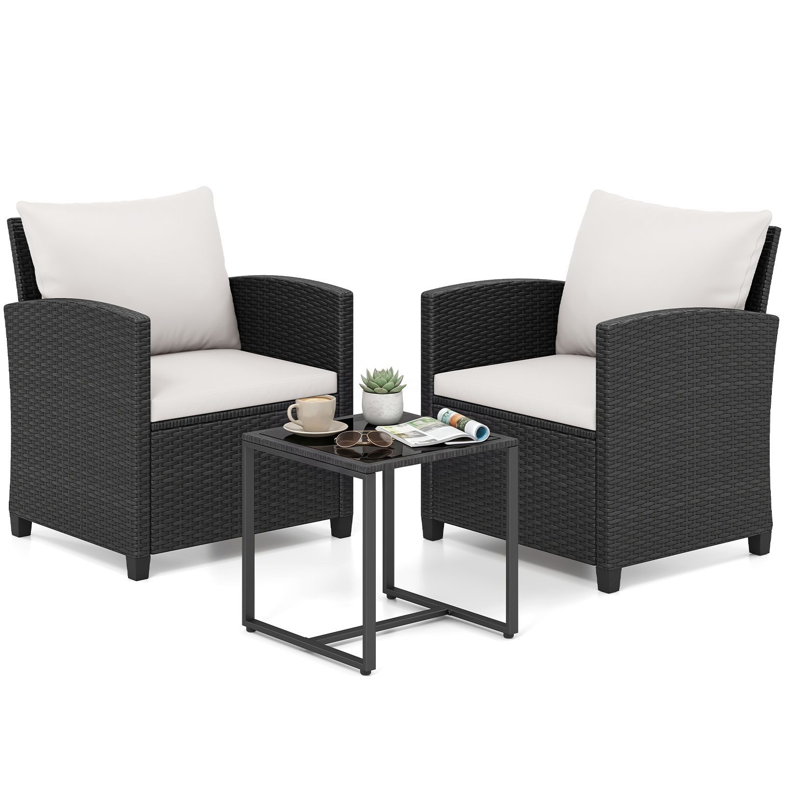 COSTWAY Gartenlounge-Set, 3-tlg. Balkonset Rattan mit Stühle, für 2 Personen