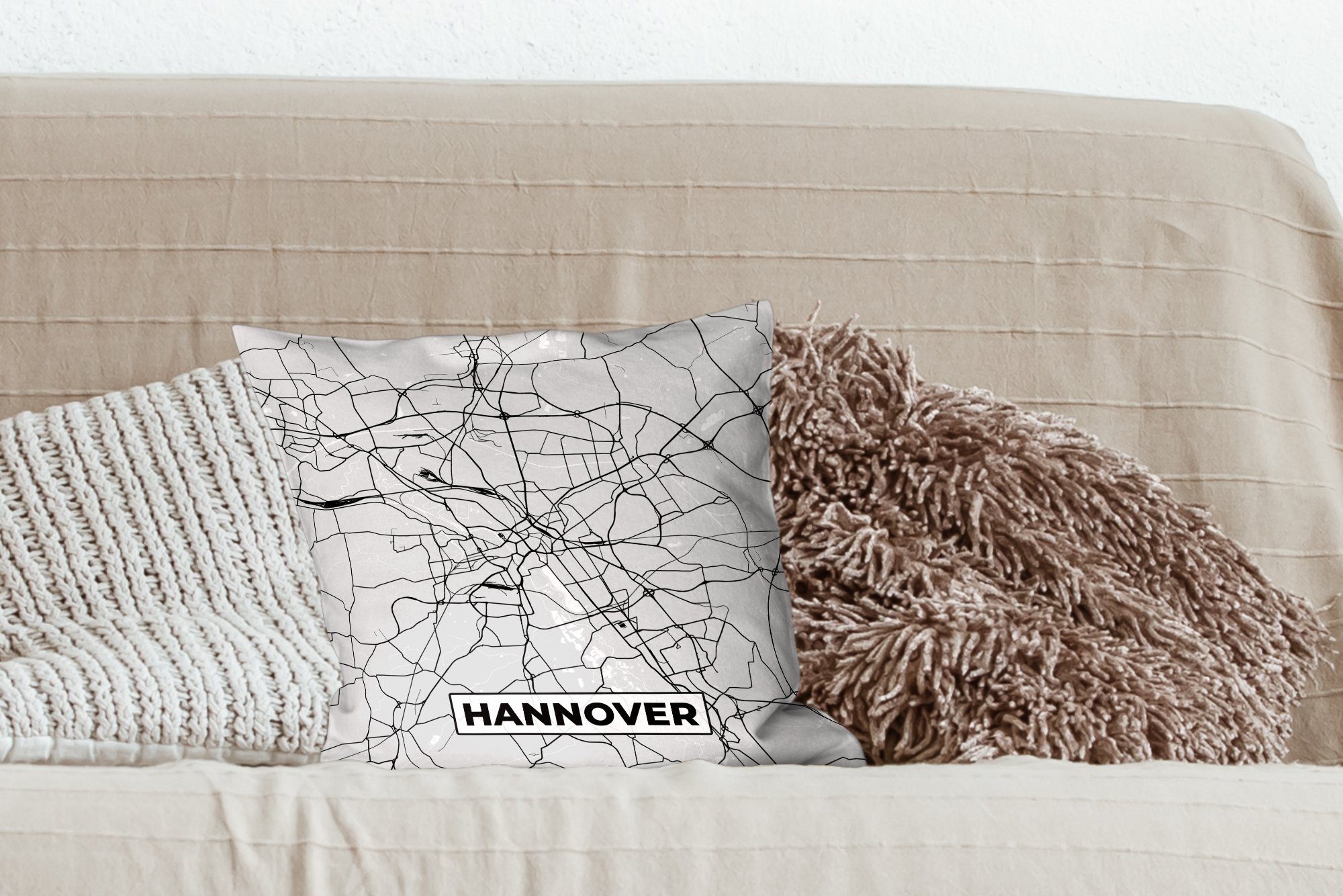 Karte, Schlafzimmer, Deutschland Hannover Sofakissen mit Wohzimmer, Zierkissen - Deko, Stadtplan Füllung für Dekokissen - - MuchoWow