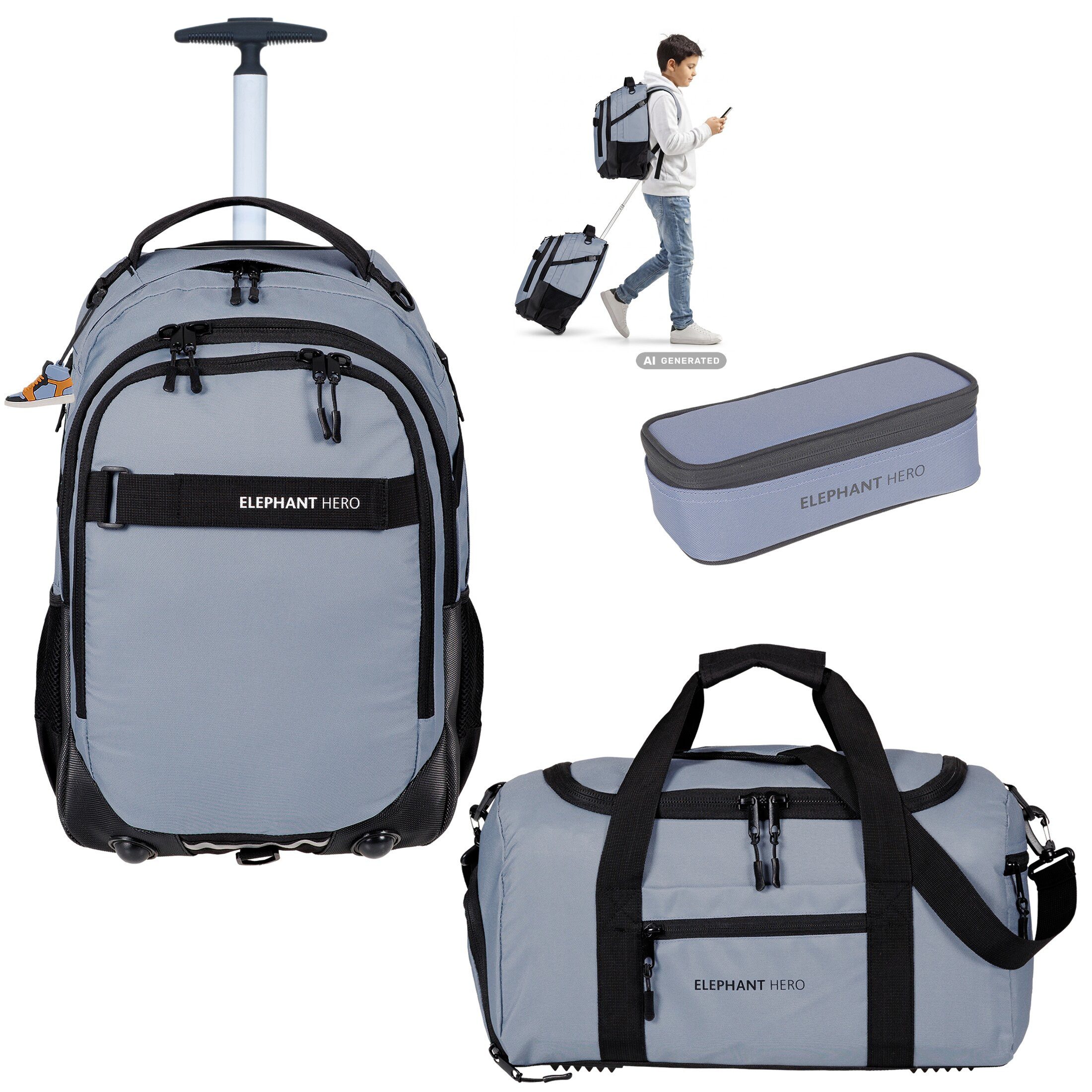 ELEPHANT Schulrucksack Schultrolley Trolley Hero Signature Schulrucksack (3 Teile Set), Rucksacktrolley Schule Rucksack Trolly, Sporttasche, Mäppchen Box +tsm