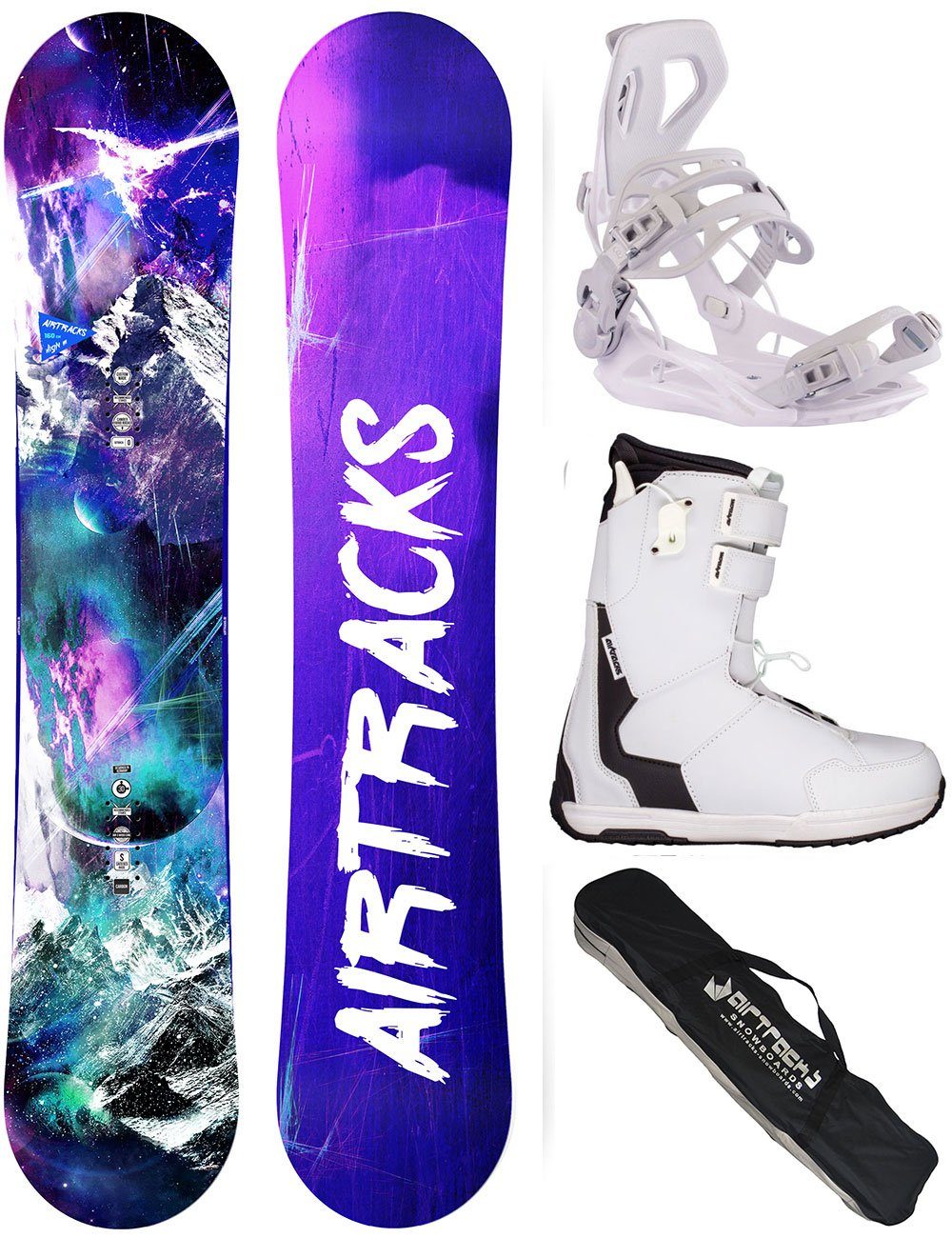 Airtracks Snowboard Damen Snowboard Komplett Set High M Carbon Rocker (4er-Pack), Snowboard + Bindung Master W + Boots + SB Bag / 140 145 150 cm