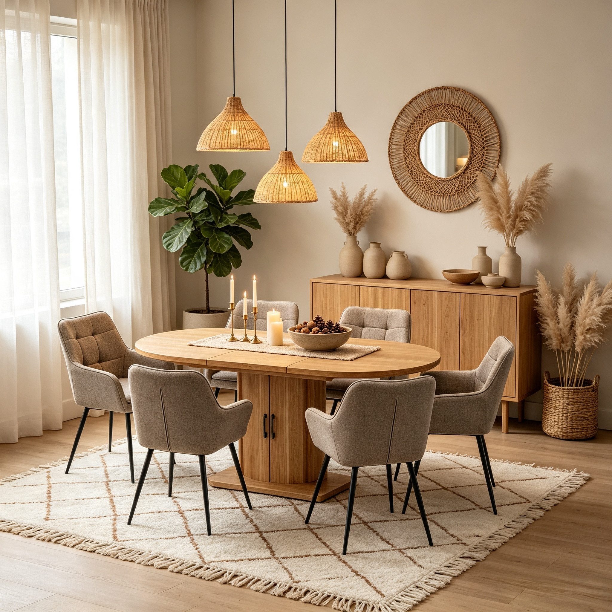 WILLIAMSPACE Essgruppe OOID Ausziehtisch mit Stauraum + 6 Stühle für alle Wohnbereiche, Ein Esstisch mit 6 Stühlen