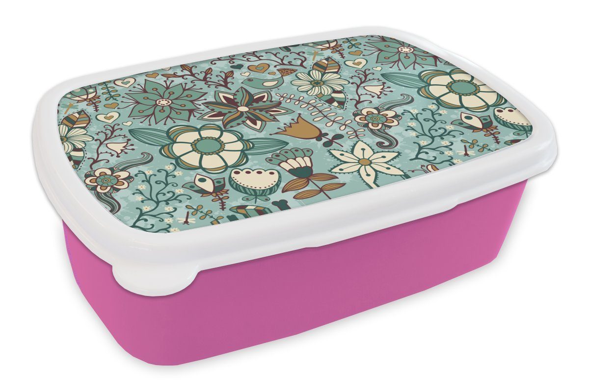 MuchoWow Lunchbox Bohème - Winter - Blumen - Muster, Kunststoff, (2-tlg), Brotbox für Erwachsene, Brotdose Kinder, Snackbox, Mädchen, Kunststoff rosa