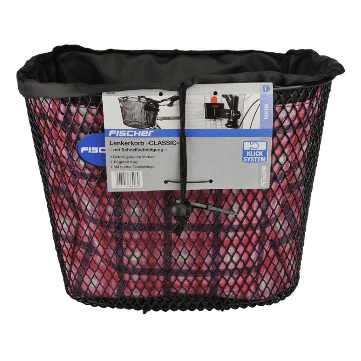 FISCHER Bicycle Handlebar Basket Classic with Quick-Attachment Black, Universal Bicycle Basket, Textile Lining, Basket Also Suitable for E-Bikes