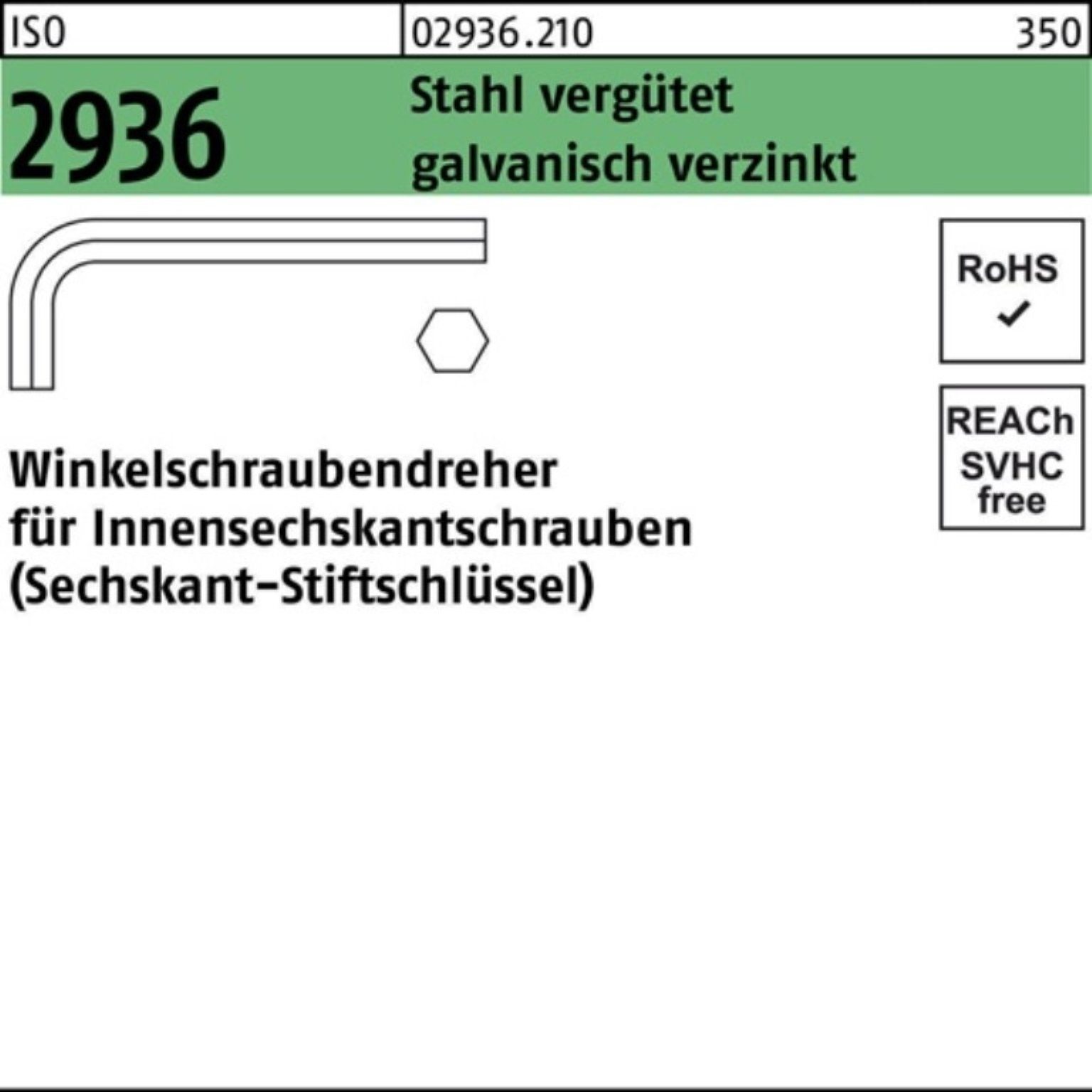 SW Pack ISO 100er Schraubendreher Stahl 2936 Reyher Innen-6kt vergüt 6 Winkelschraubendreher