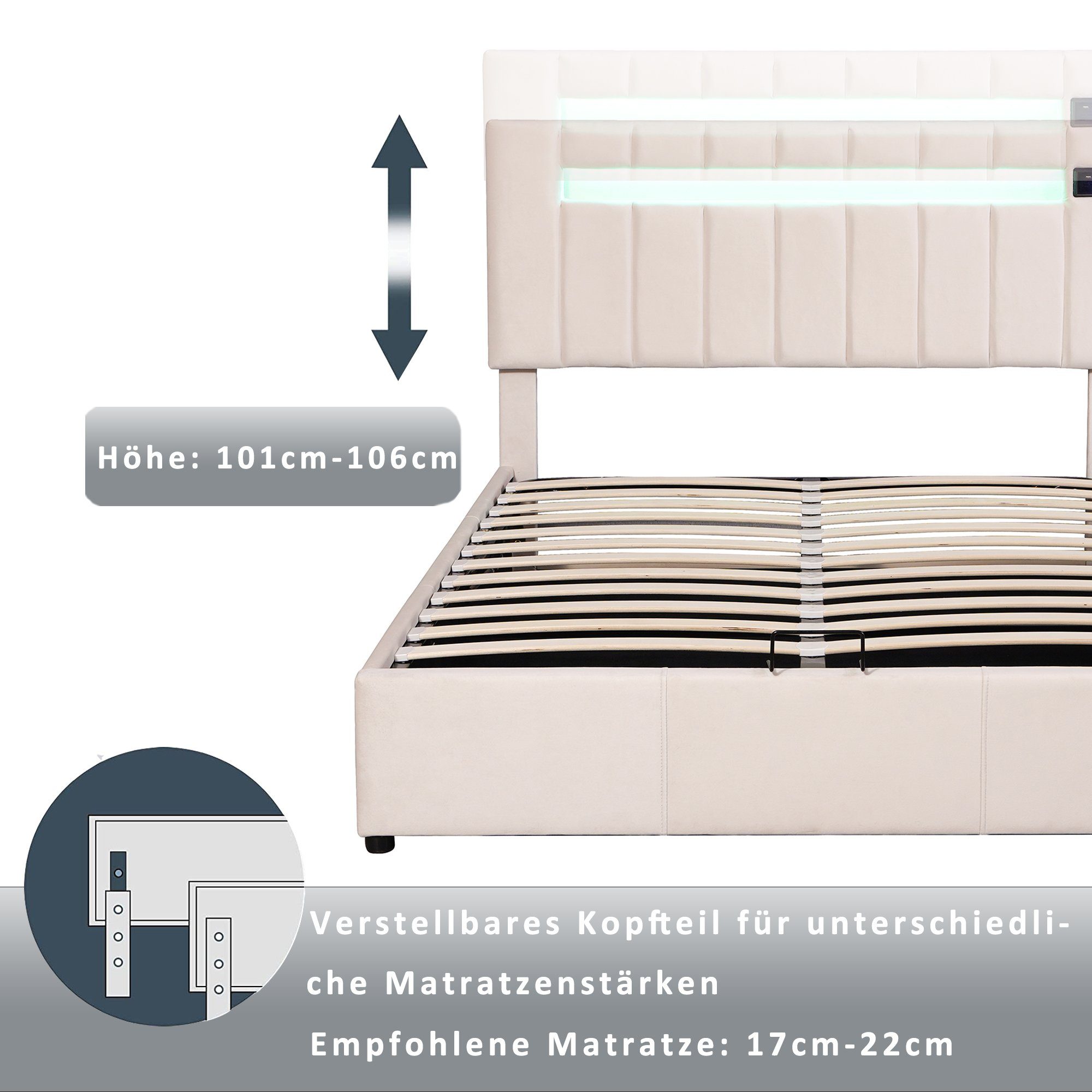 Polsterbett (140x200 cm Doppelbett, mit LED Beleuchtung, Bluetooth-Player und USB-Aufladung), hydraulisches Bett Funktionsbett inkl. Bettkasten und Lattenrost, Samt