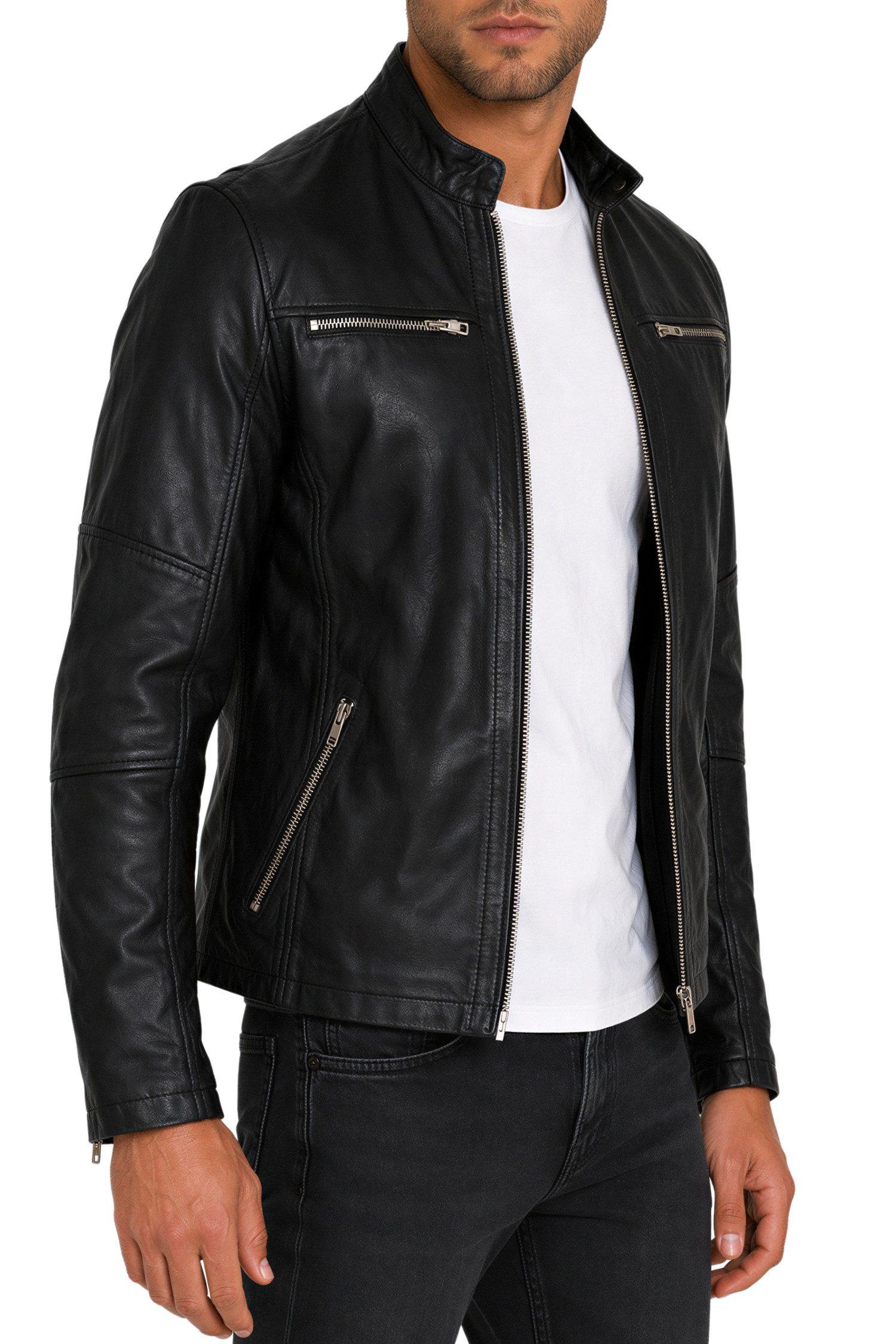 Reichstadt Lederjacke Herren Slim Fit Bikerjacke Silver Zipper 20RS20LUX Reißverschluss an den Ärmelenden – Bild 5 von 5