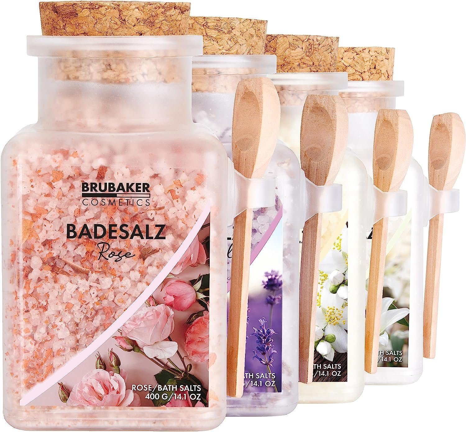 BRUBAKER Badesalz Bade Salz Set 4 x 400 g - Rosen, Lilien, Vanille und Lavendel Duft, 4-tlg., Badezusatz mit natürlichen Extrakten - Wellness Baden für Entspannung | Badezusätze