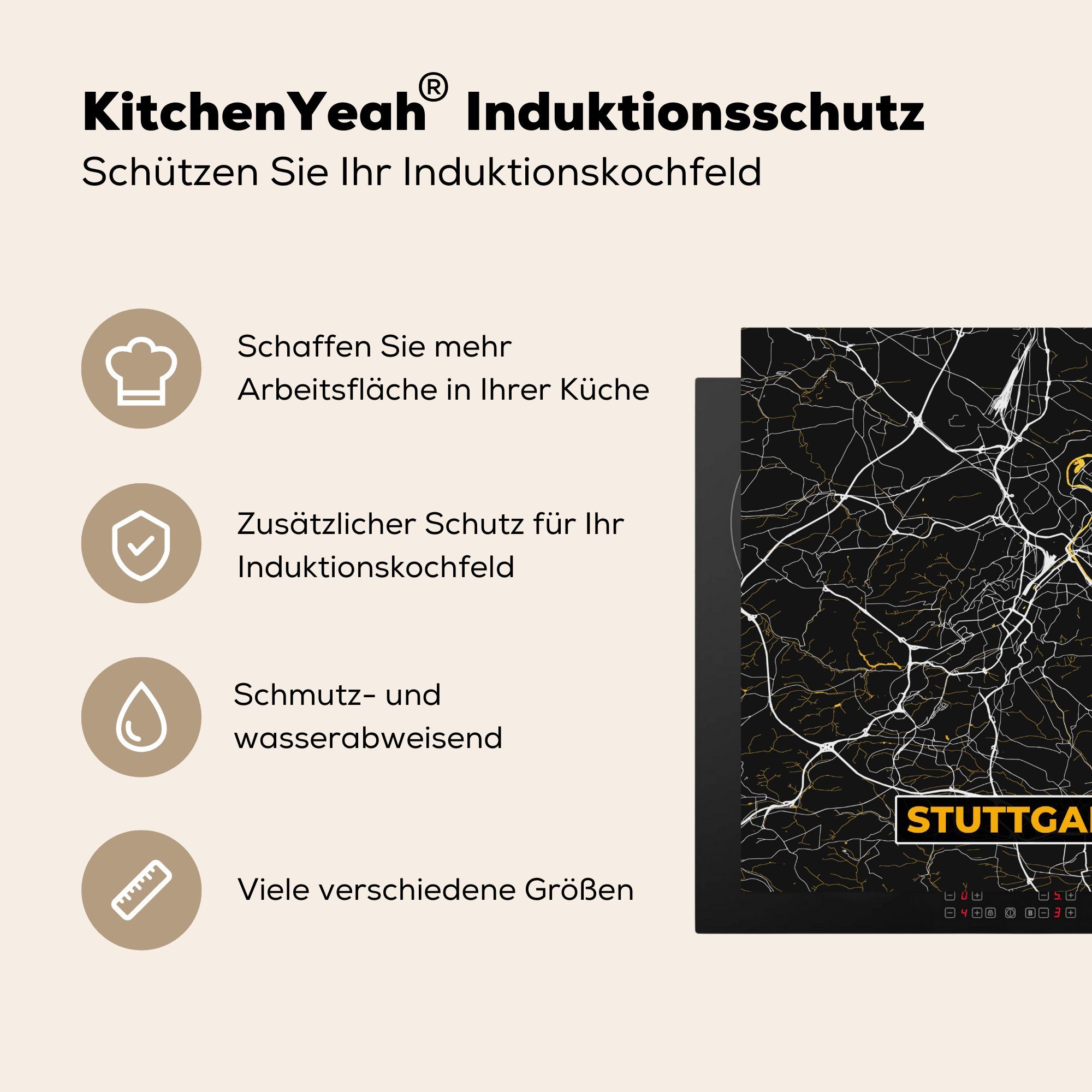 Gold - MuchoWow - - Arbeitsplatte (1 für Karte tlg), Herdblende-/Abdeckplatte Vinyl, Stuttgart Ceranfeldabdeckung, Deutschland, Stadtplan 78x78 cm, - küche