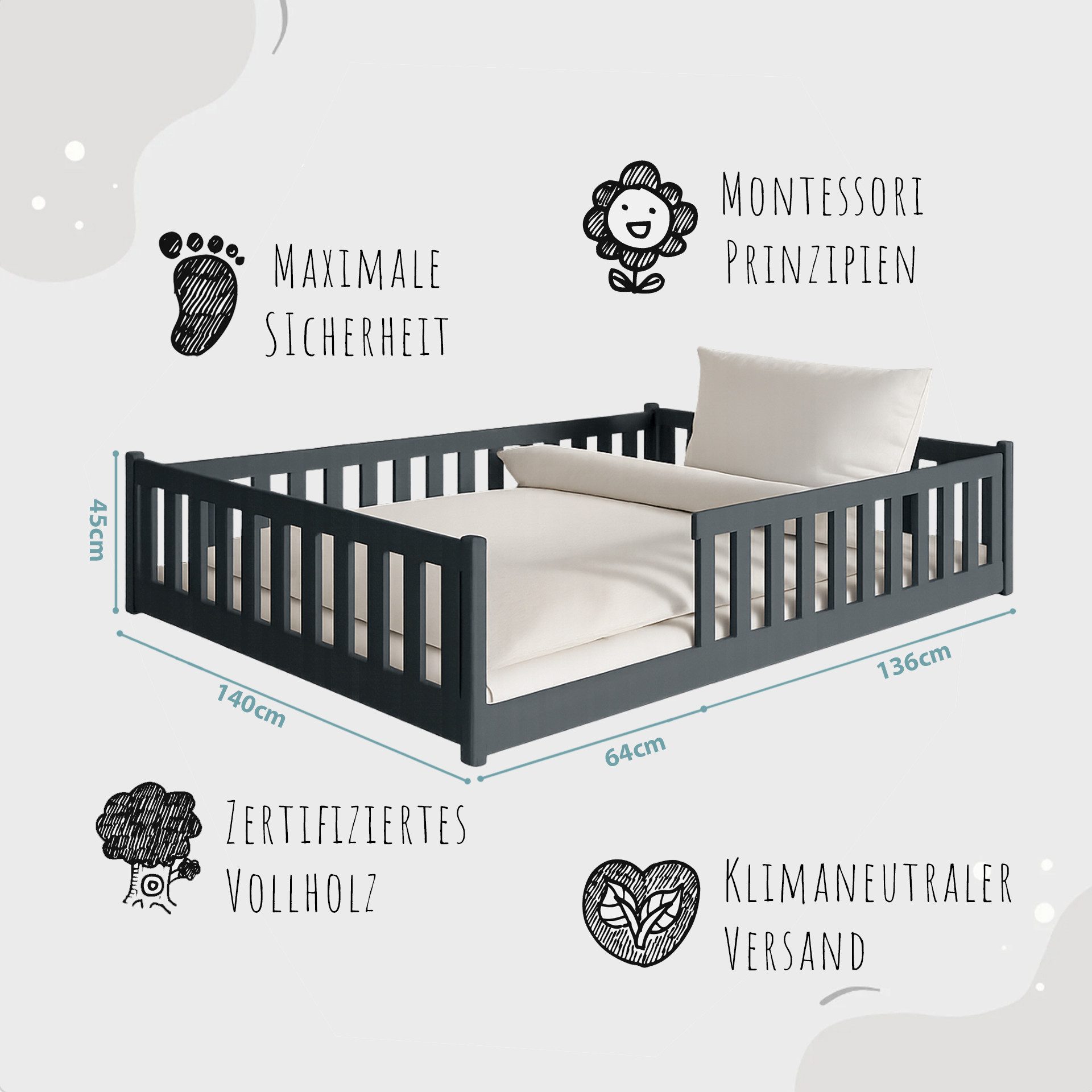 Kids Collective Kinderbett Bodenbett Bett mit Rausfallschutz & Lattenrost Montessori Bett Kinder (weitere Größen 80x160, 80x180, 90x190, 90x200, 120x200 cm), Ju – Bild 3 von 5