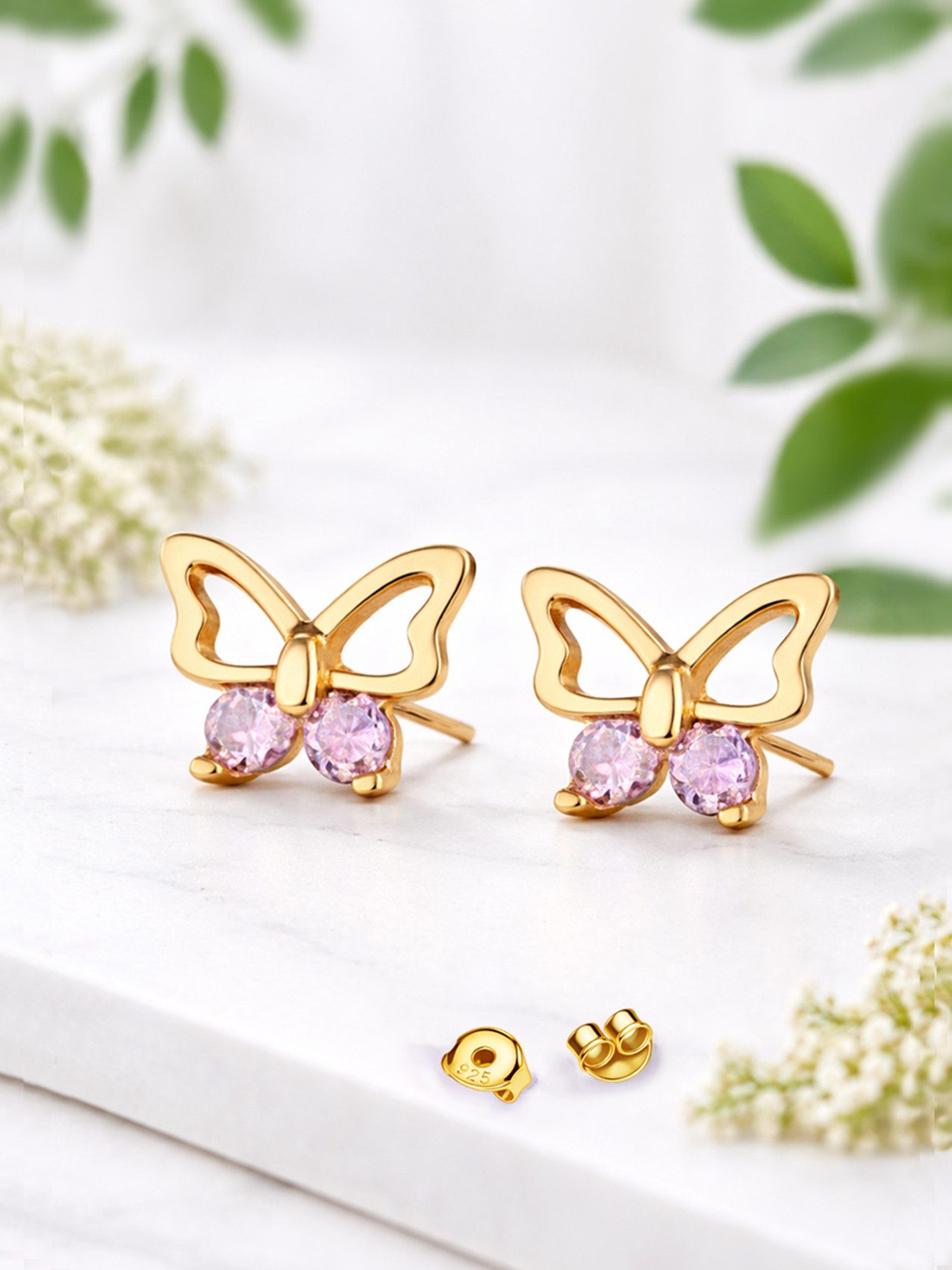 Goldene Hufeisen Paar Ohrstecker Ohrringe Gold Lila Schmetterling 925 Gelbgold 18k vergoldet (inkl. Schmuckbox), Goldschmuck für Mädchen