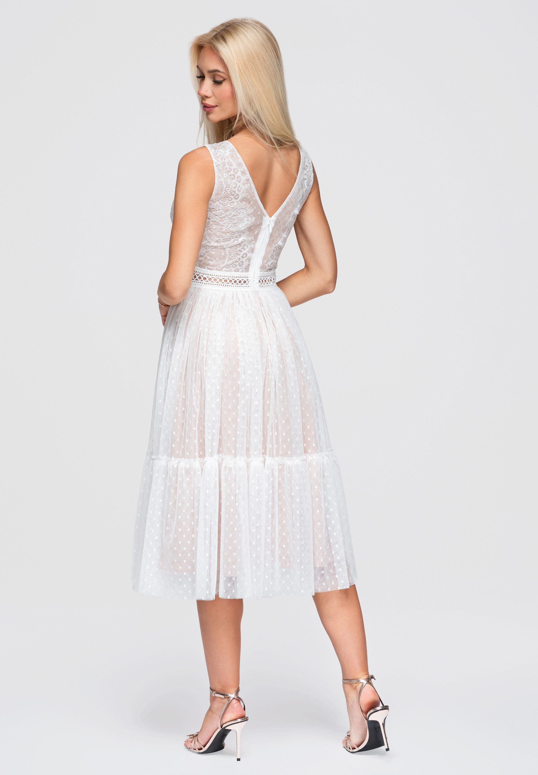 OMBRE Midikleid Damen Midi-Kleid mit floralem Design und fließendem Rock Weiß S (kein Set, 1-tlg)