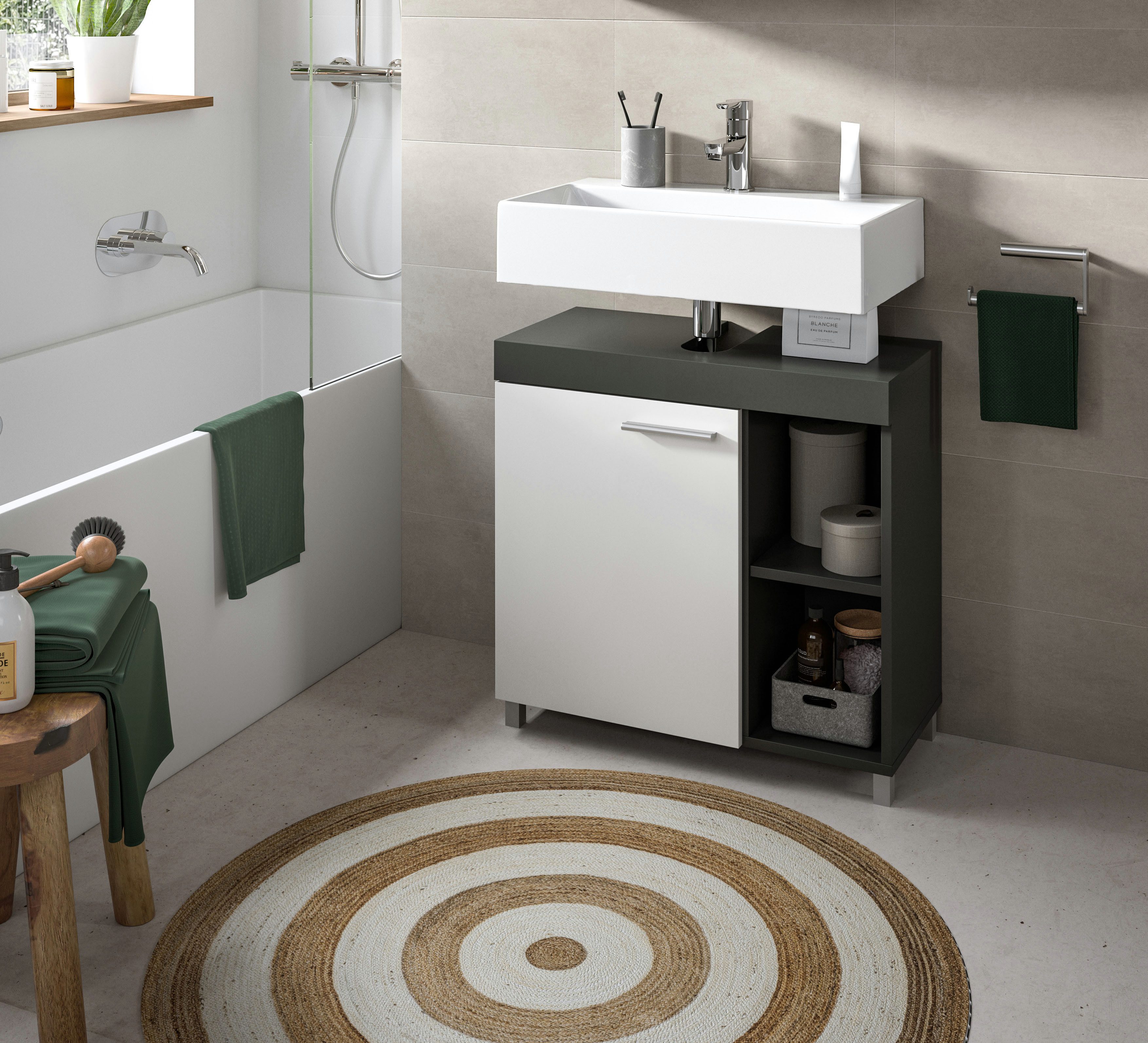 welltime Waschbeckenunterschrank HANO, Badezimmer, WBU, Waschtisch, Kommode, Unterschrank (in 2 verschiedenen Farben und 2 verschiedenen Ausstattungen erhältlich) 1 Tür, 2 höhenverstellbare E-Böden, 4 Fächer, mit Siphonausschnitt