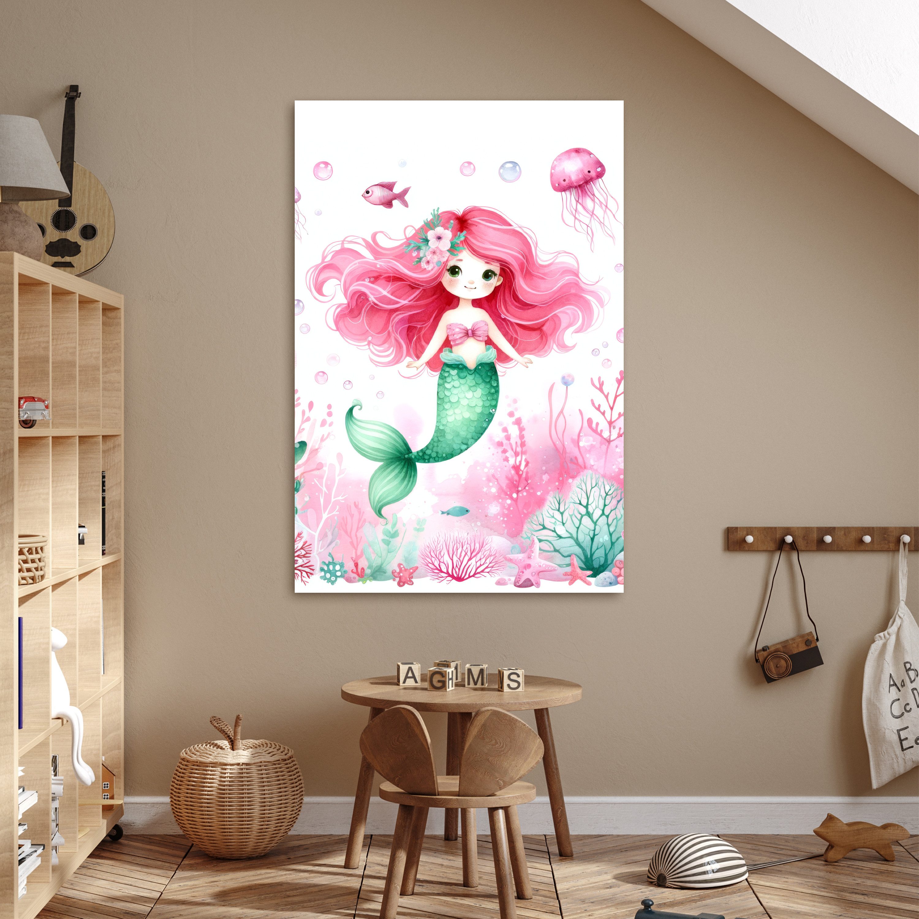 MuchoWow Poster Meerjungfrau - Rosa - Meerestiere - Unterwasser, (1 St), Wandbild, Wohnzimmer Deko, Qualitätsdruck Dickes Papier, 80x120 cm
