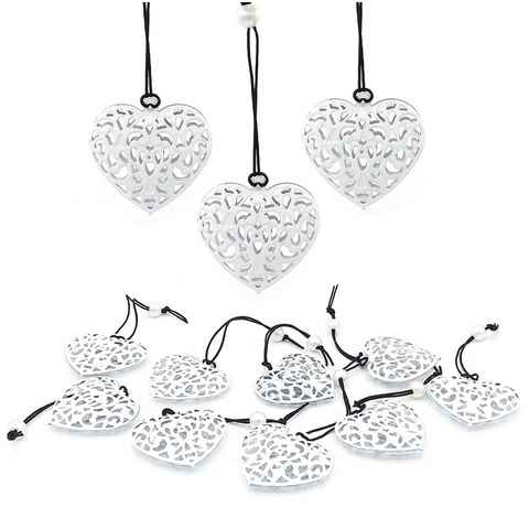 LB H&F Lilienburg Hängedekoration 12er SET Herz Herzen weiß Metall Ornament Shabby Metallanhänger (Liebe Muttertag Hochzeit Geburtstag Geschenkanhänger Metallherzen Herzhänger Herzanhänger Dekohänger Dekoherzen basteln hängen Hängedekoration Frühling Frühjahr Frühlingsdeko Ostern, Anhänger Hänger Deko Frühling Herbst Winter Weihnachten Taufe), Landhaus Hängedeko Fensterhänger Fensterdekoration ORNAMENT WEISS