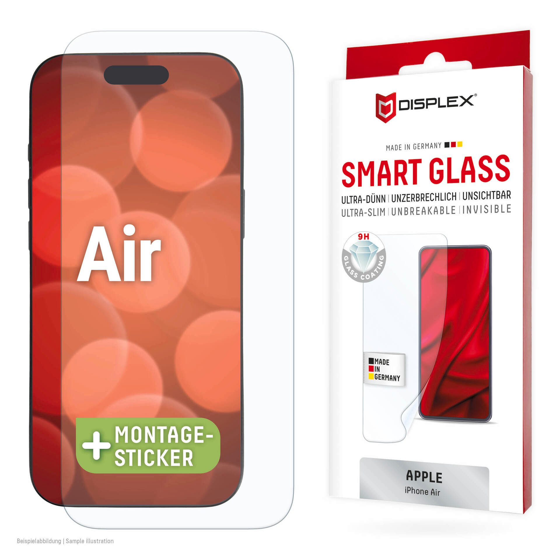 Displex Displayschutzglas Smart Glass Screen Protector für Apple iPhone Air, Displayschutzfolie, Schutzfolie, Bildschirmschutz, kratz- & stoßfest