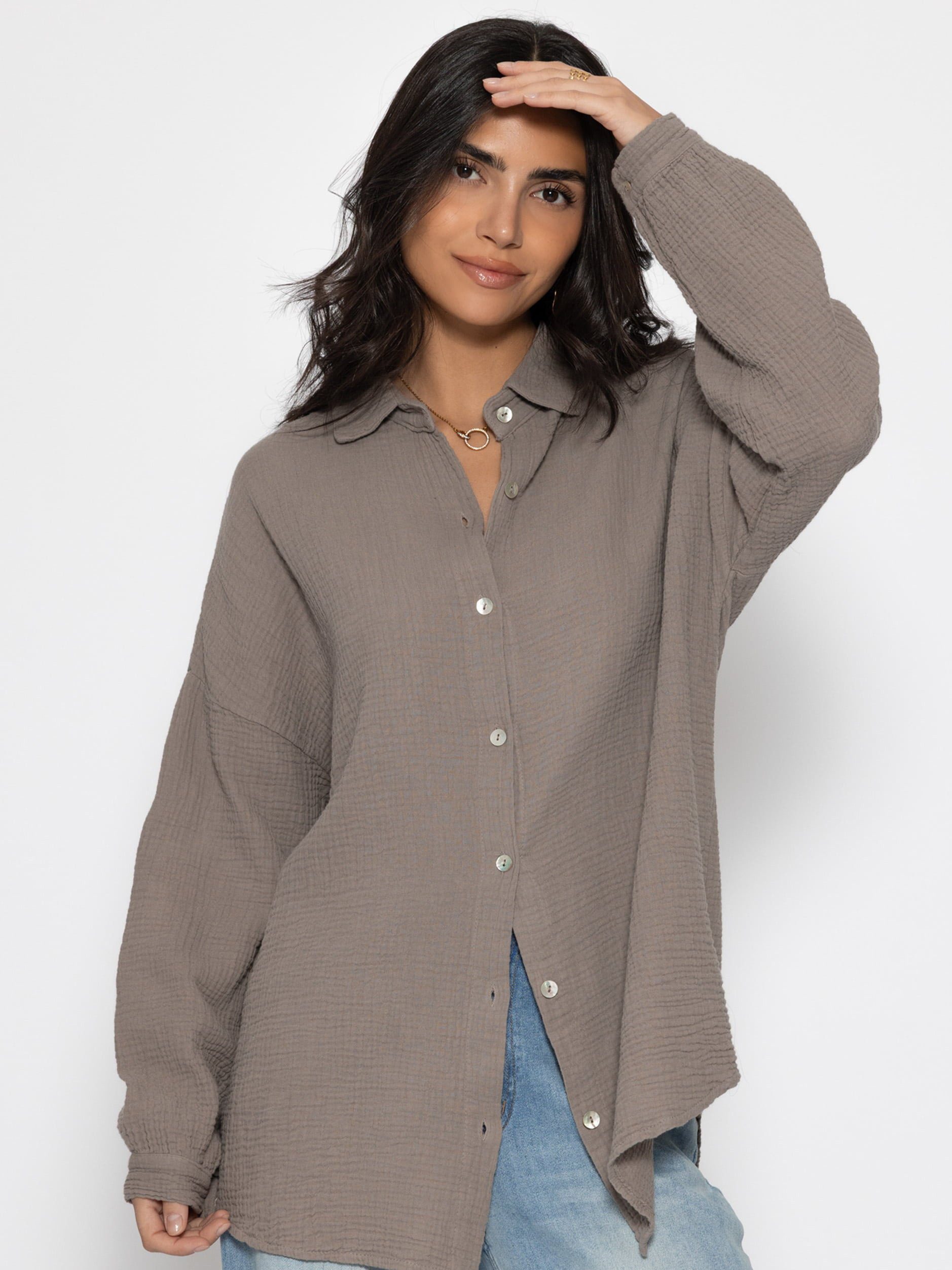 SASSYCLASSY Langarmbluse Oversize Musselin Bluse Damen kurz Langarm Elegant Hemdbluse lang aus Baumwolle mit V-Ausschnitt, One Size (Gr. 36-48)