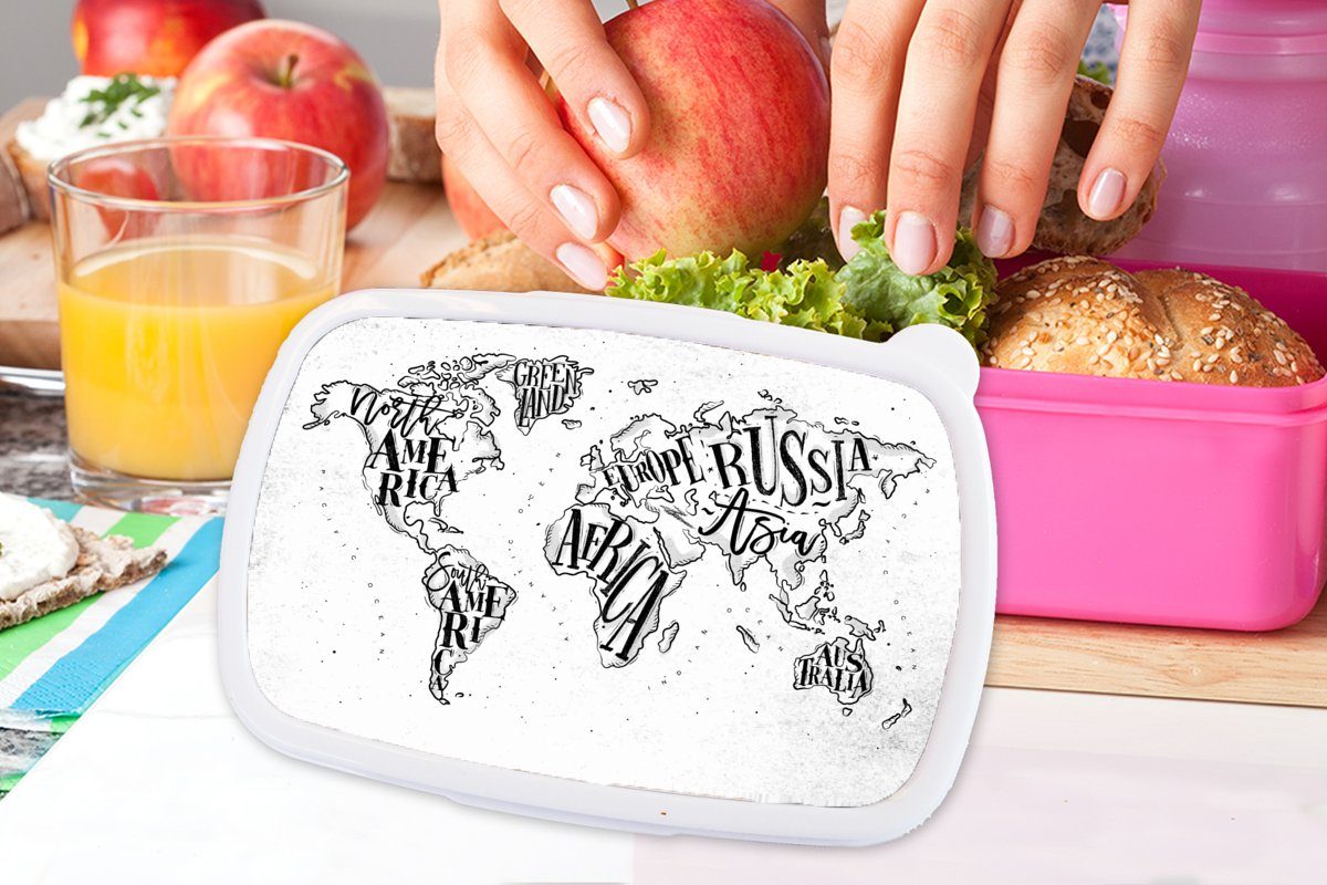 Mädchen, für Kunststoff, rosa Kinder, Weltkarte - Snackbox, MuchoWow Erwachsene, Schwarz, Kunststoff Lunchbox (2-tlg), Weiß Brotbox Brotdose -