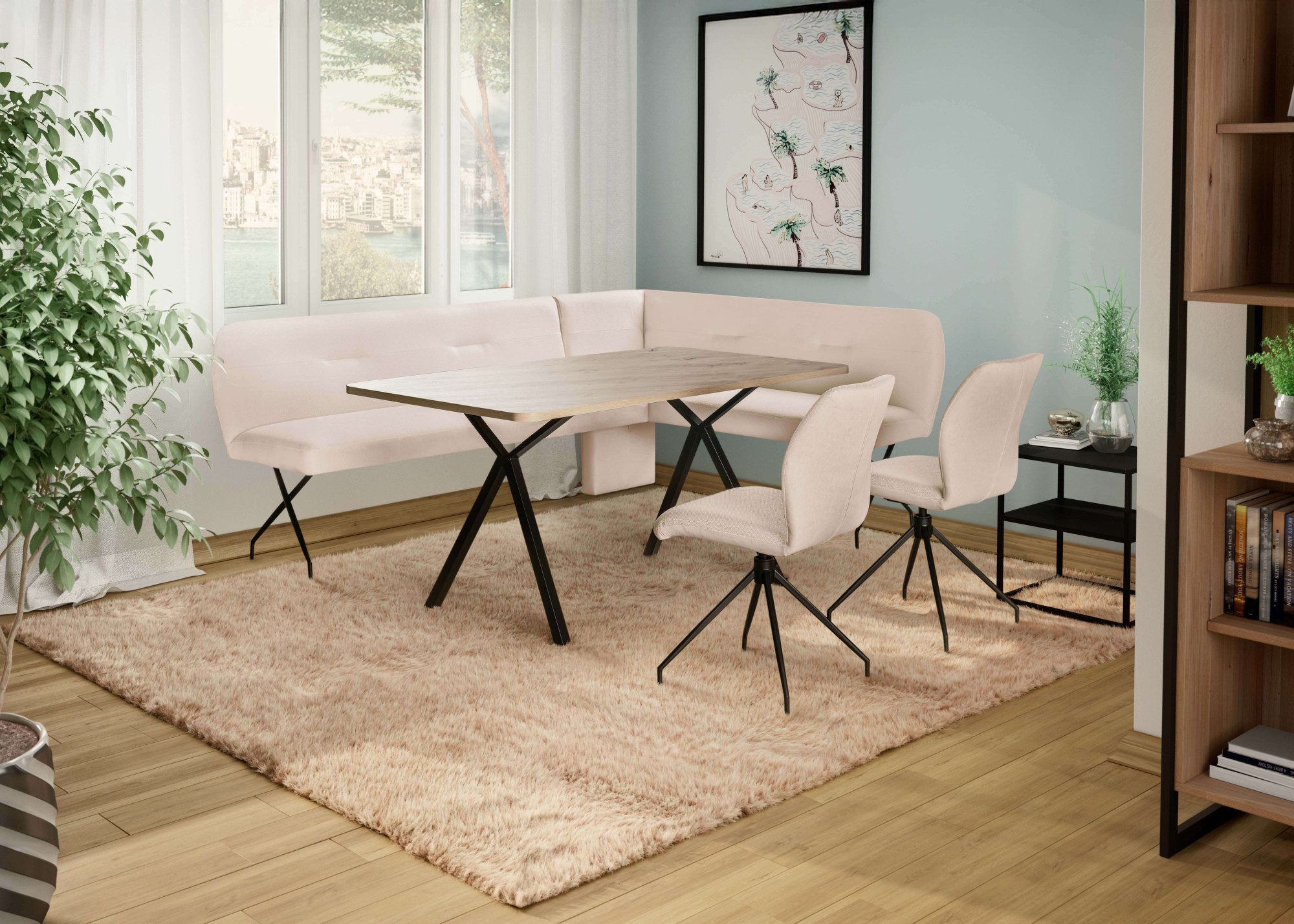 OTTO home Eckbank Bruna Esszimmerbank, Bank, Küchenbank, Polsterbank, Mattschwarzes Metallgestell, 2-Stoff-Design, Wellenfederung im Sitz