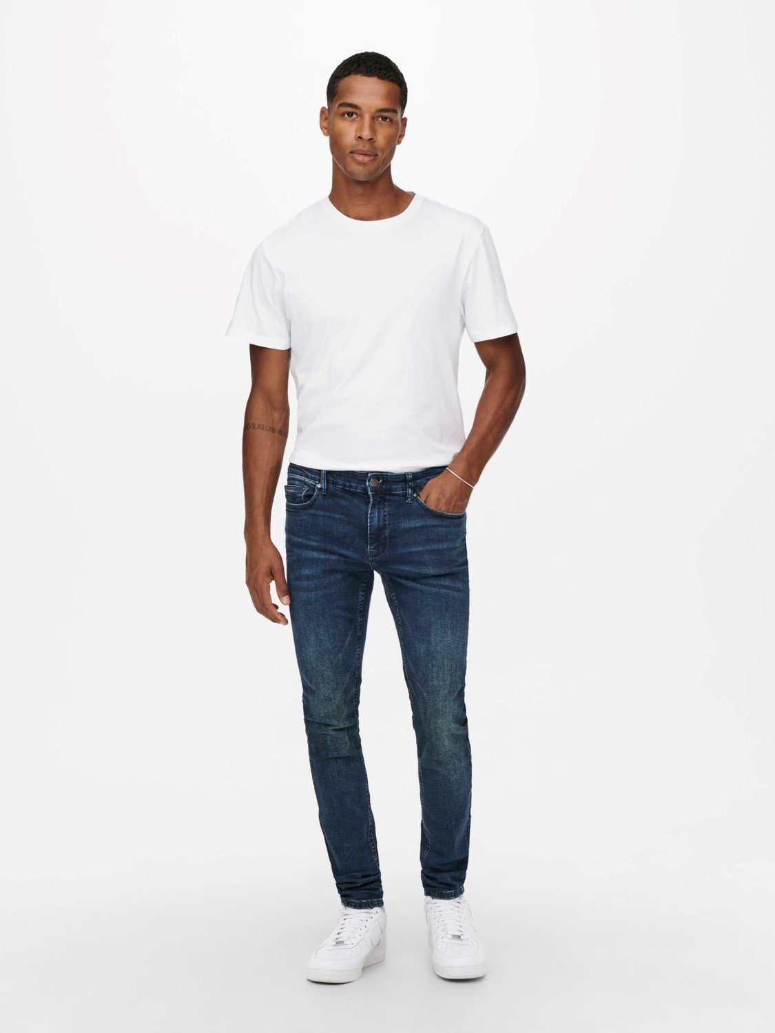 in Jeans SONS Skinny Slim-fit-Jeans ONLY Washed & Stoned Basic Pants 3977 Fit Denim Hose (1-tlg) ONSWARP Blau