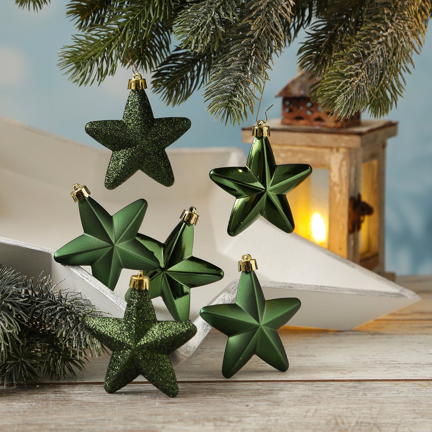 MARELIDA Christbaumschmuck Weihnachtsbaumschmuck Sterne bruchfest glänzend glitzernd grün 6St.