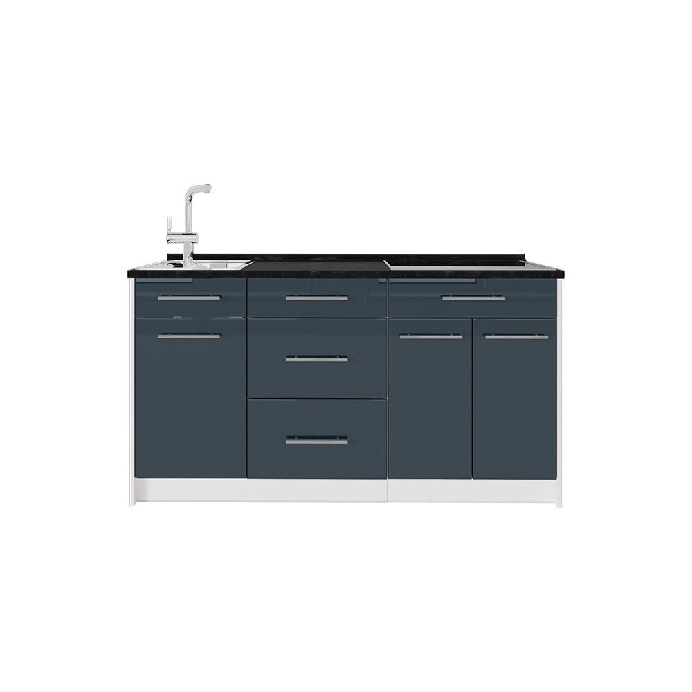 Vicco Küchenzeile Fame-Line, Dunkelblau Hochglanz/Weiß, 150 cm ohne Arbeitsplatte