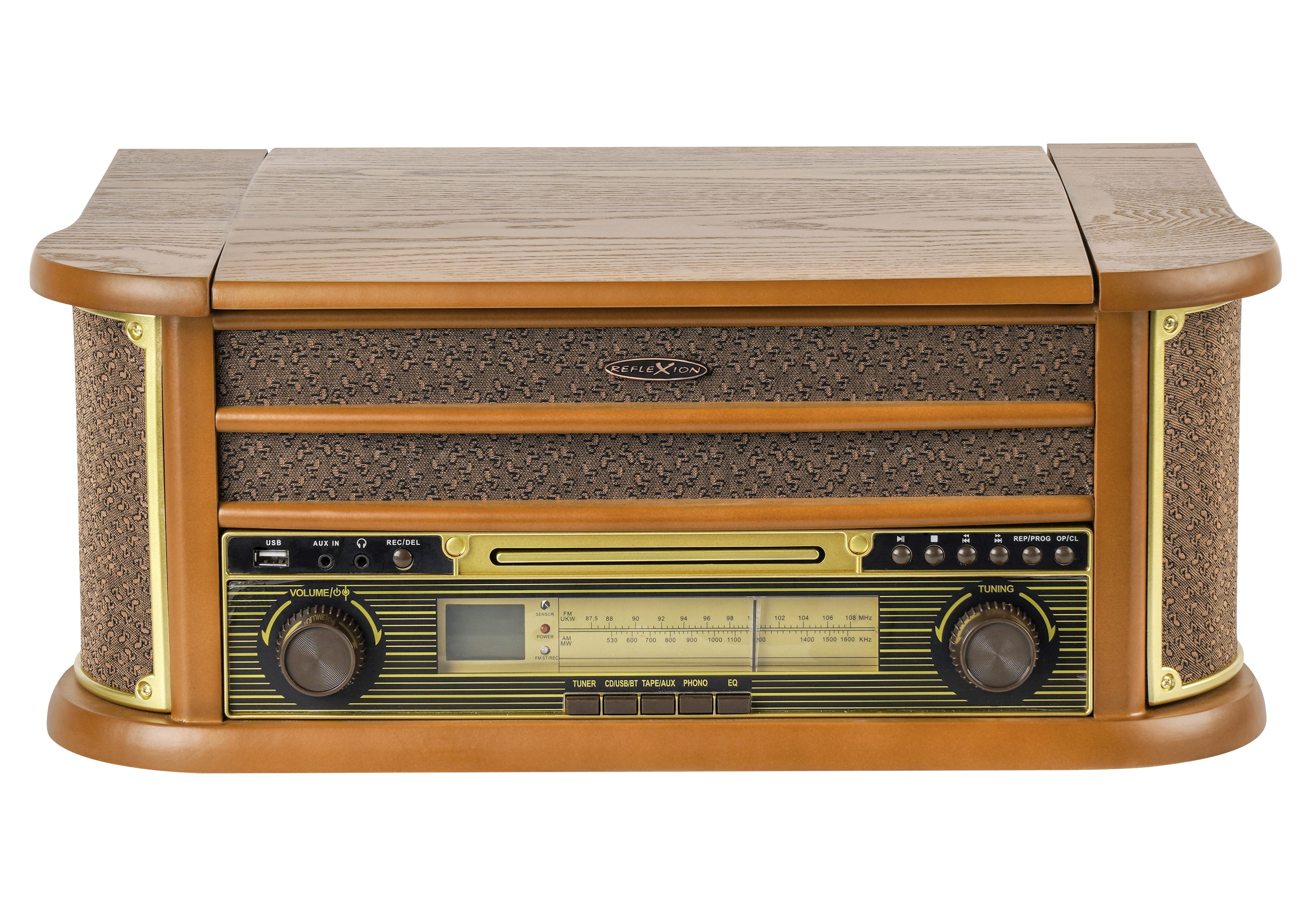 Reflexion HIF2002 Retro HiFi Anlage Bluetooth 5.0 & USB-Encoding Radioplattenspieler (Riemenantrieb, Bluetooth, Kassettenspieler, CD-MP3-Player, Encoding-Funktion)