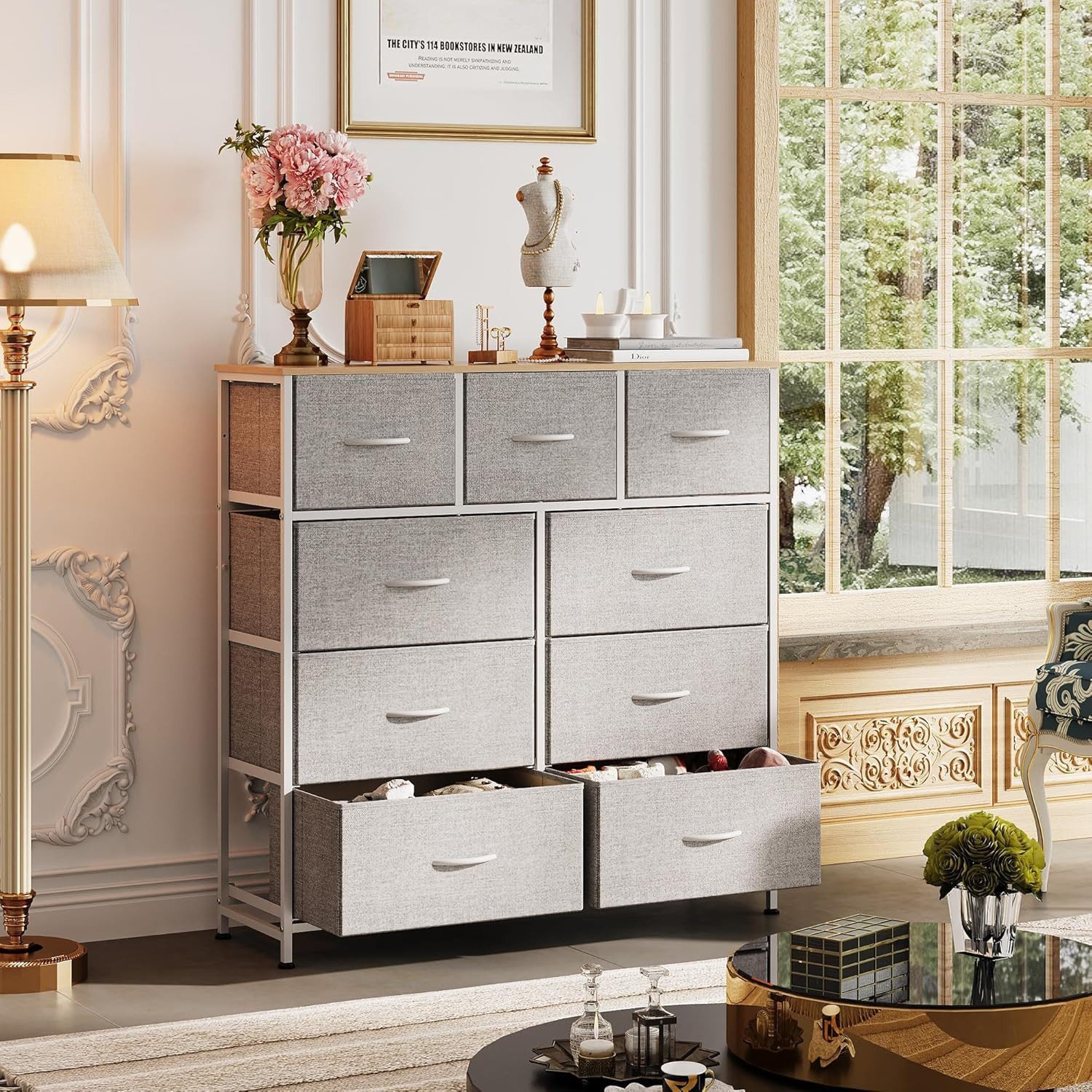 WLIVE Kommode mit 9 Stoffschubladen, Schubladenkommode 100 × 30 × 102 cm (Stauraumschrank Kommode mit Stoffschubladen), Modernes Sideboard, 100 × 30 × 102 cm, Vintagebraun-Schwarz