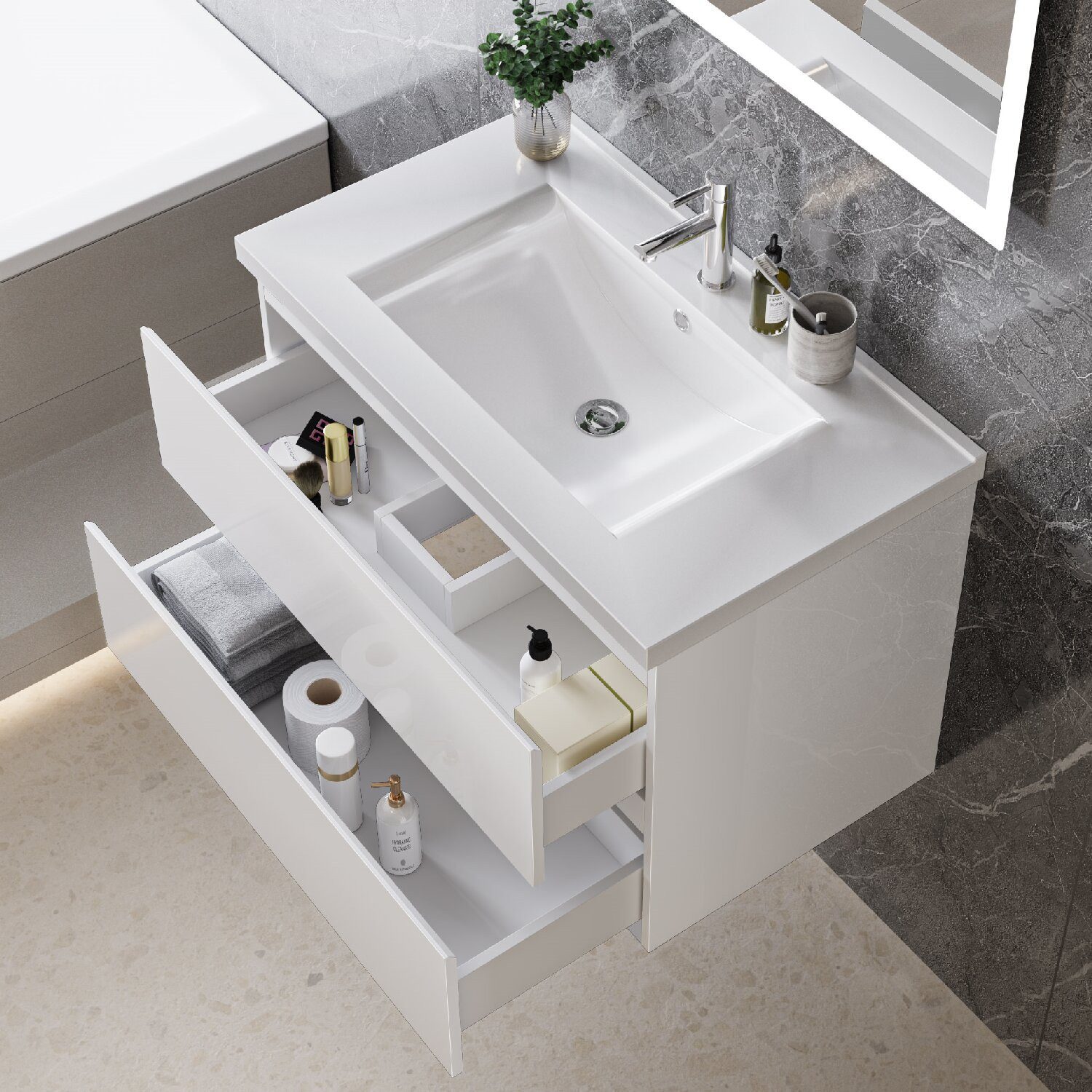 duschspa Waschtisch Waschbecken mit Unterschrank Badmöbel Set Badschrank Waschplatz, Hochglanz, 50-120cm