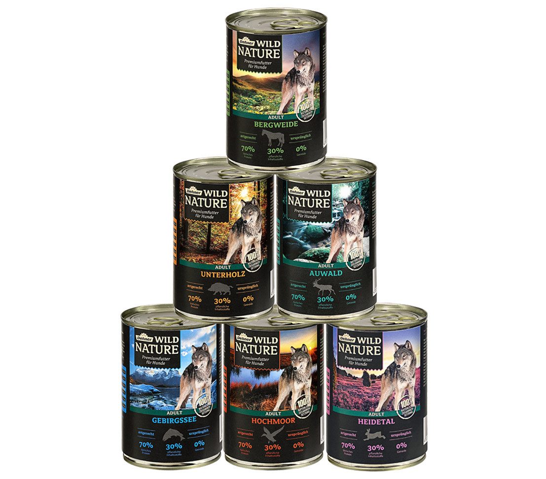 Dehner Wild Nature Probier-Set, mit Ente / Pferd / Lachs, 6 x 400 g Dose, 2400g, Влажный корм für ausgewachsene Hunde, getreidefrei / zuckerfrei