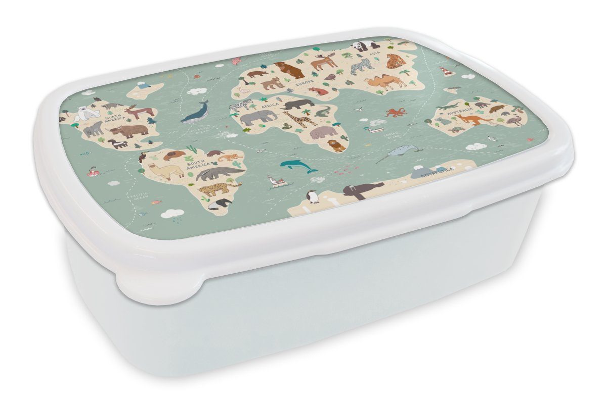 MuchoWow Lunchbox Erde - Weltkarte Kinder - Tiere - Jungen - Mädchen - Blau, Kunststoff, (2-tlg), Brotbox für Kinder und Erwachsene, Brotdose, für Jungs und Mädchen weiß