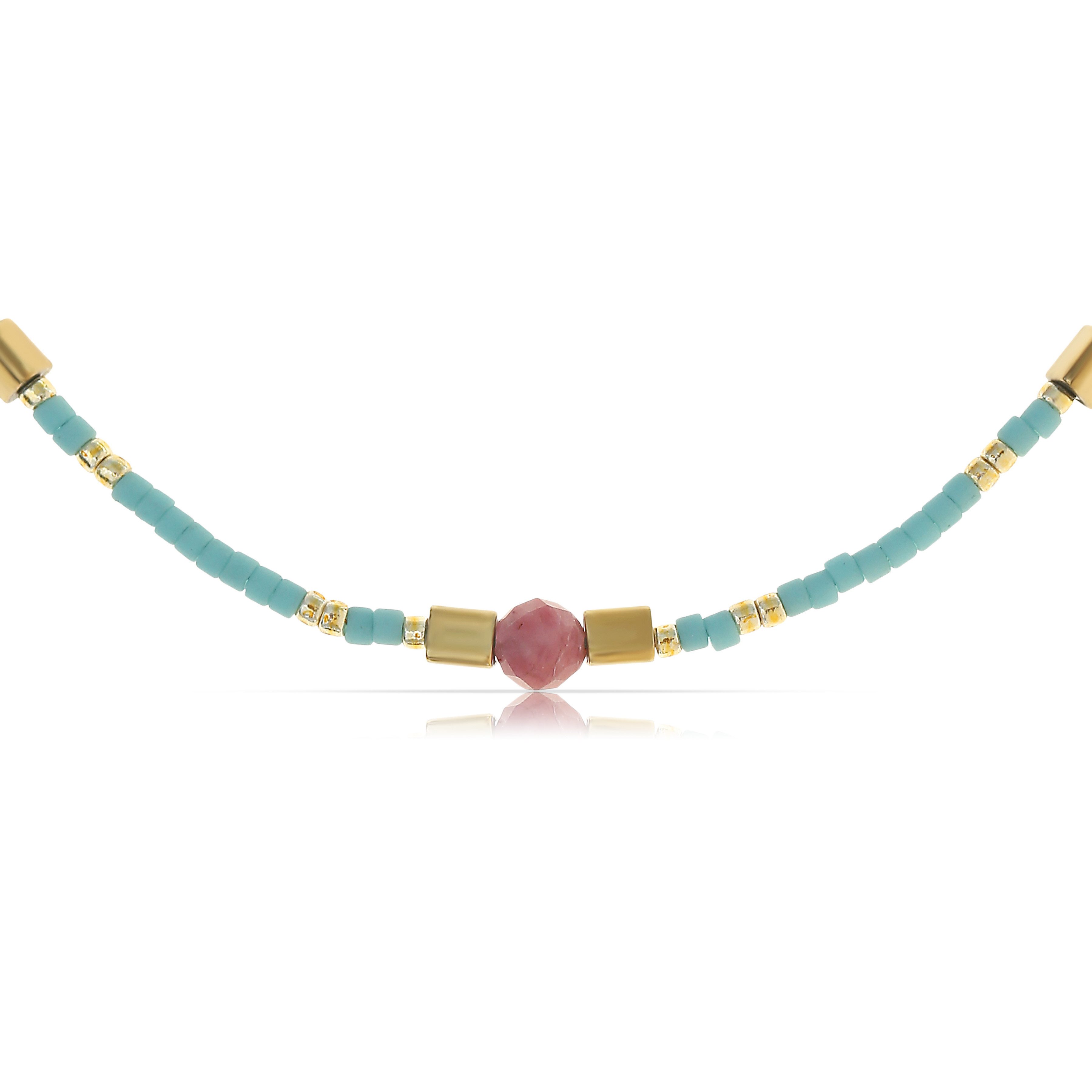 Made by Nami Perlenkette Damen Halskette Bunt Perlen Edelstein verstellbar wasserfest Boho-Stil, aus Edelstein – Sommerlich – mit Verlängerung – für empfindliche Haut