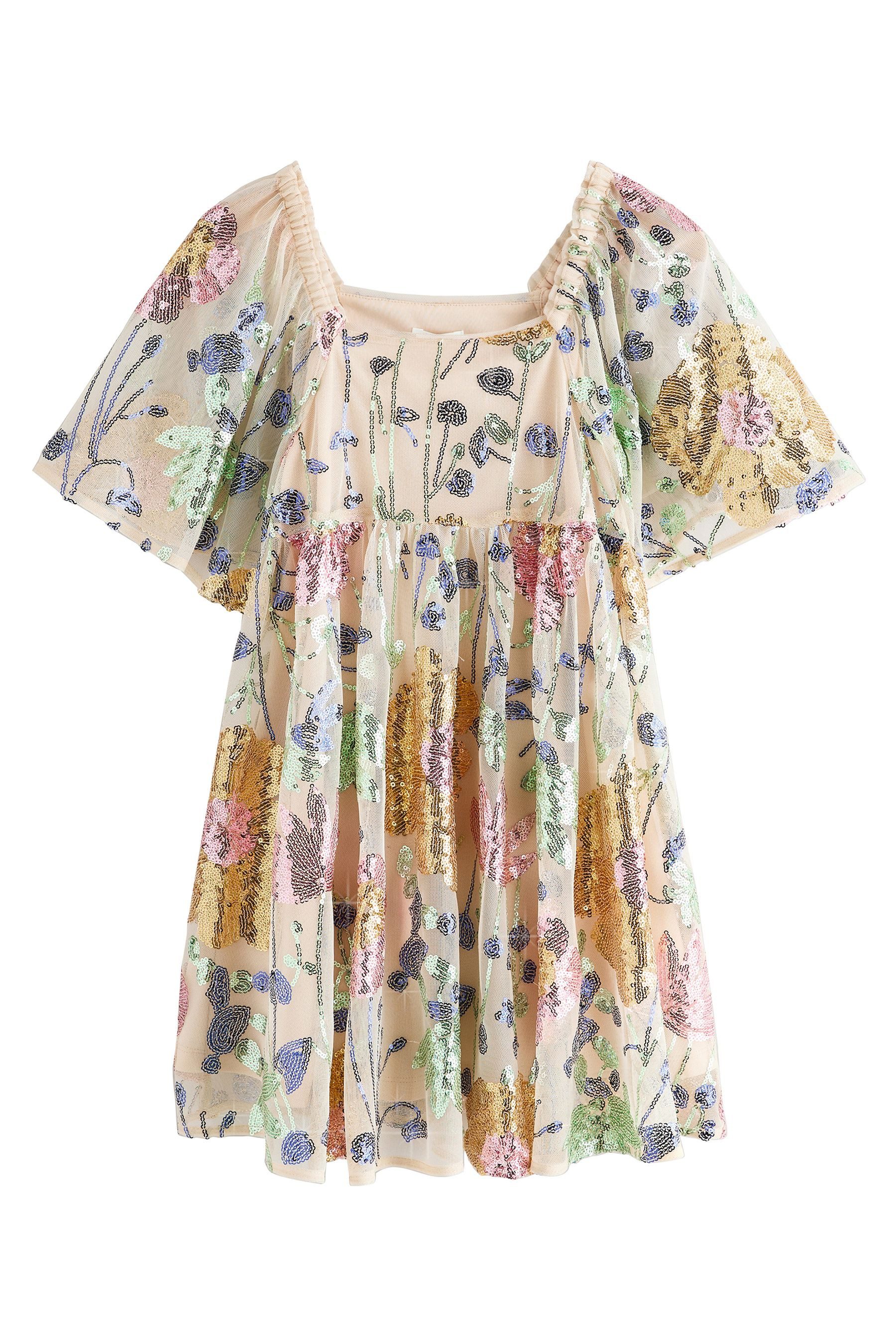 Sommerkleid Kleid mit Flügelärmeln und Paillettenblume