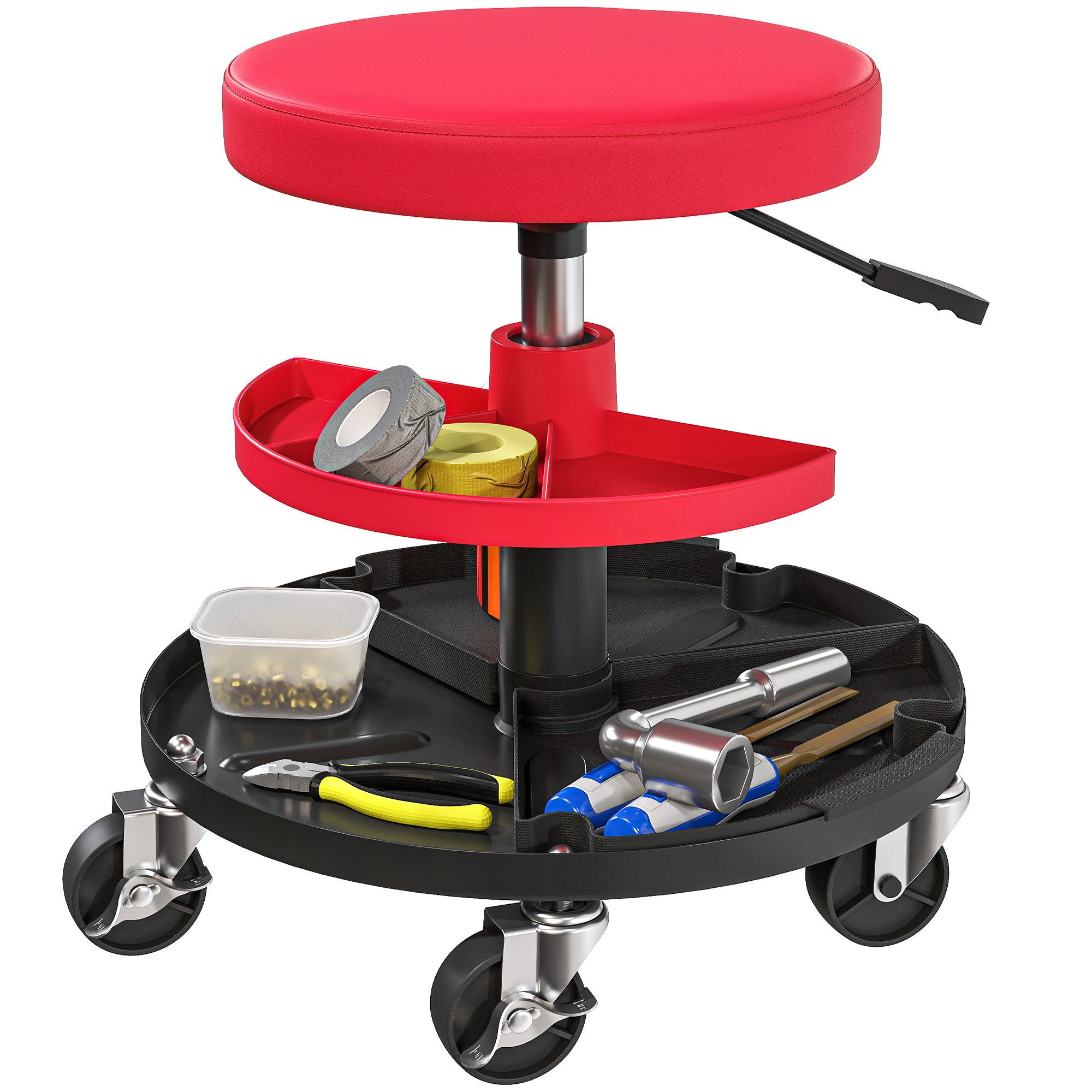 HOMCOM Montagehocker mit Rollen, Tabletts (rollbarer Werkstatthocker, 1 St., höhenverstellbar 40-51cm Rollhocker), bis 135 kg belastbar, Ø38 cm Werkstattsitz für Werkstatt Rot