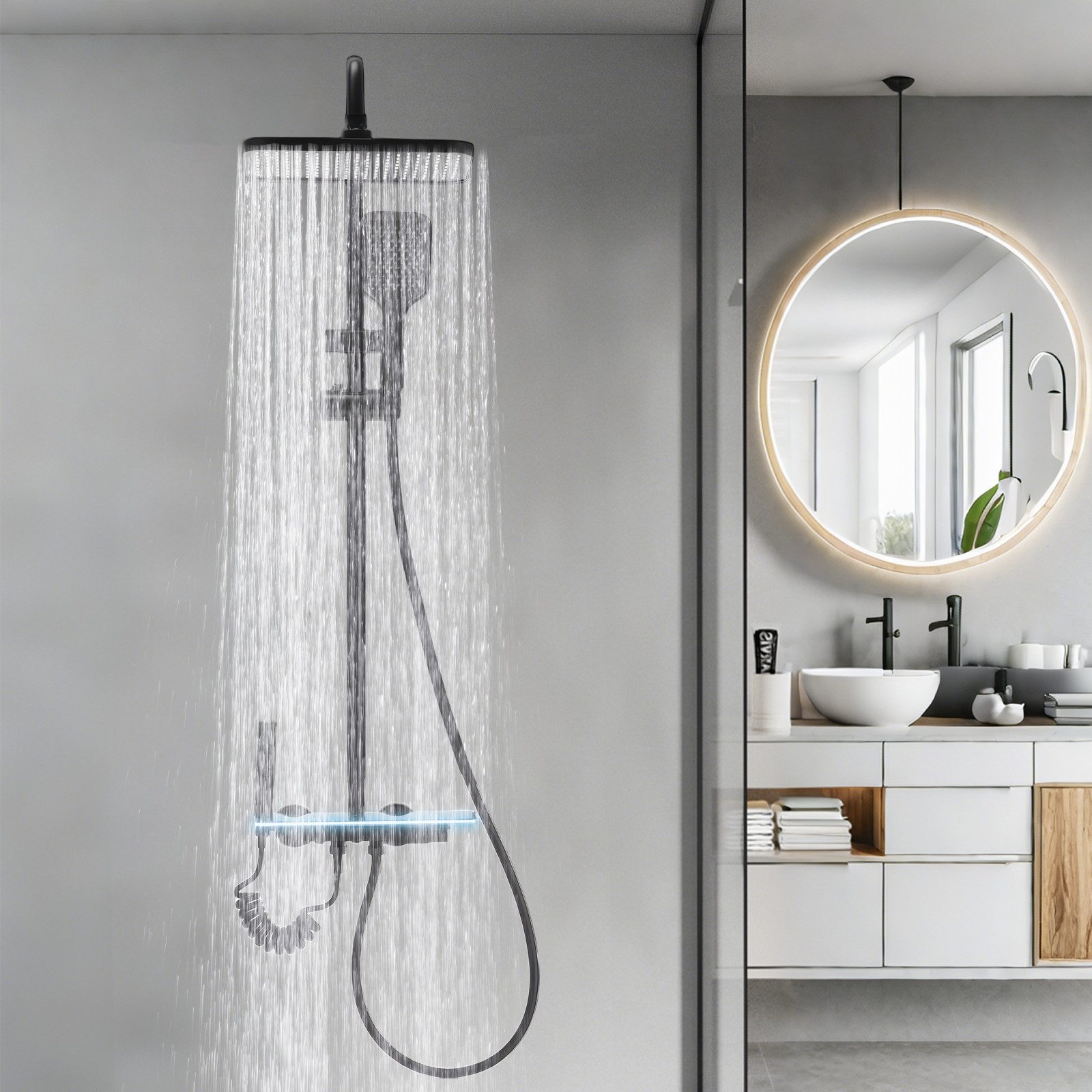 oyajia Brausegarnitur 4 in 1 Duschsystem Edelstahl, Höhenverstellbare, Klaviertaste, 4 Strahlart(en), Regendusche mit LED-Licht, Luftdruck-Boost,Digitaler Temperaturanzeige
