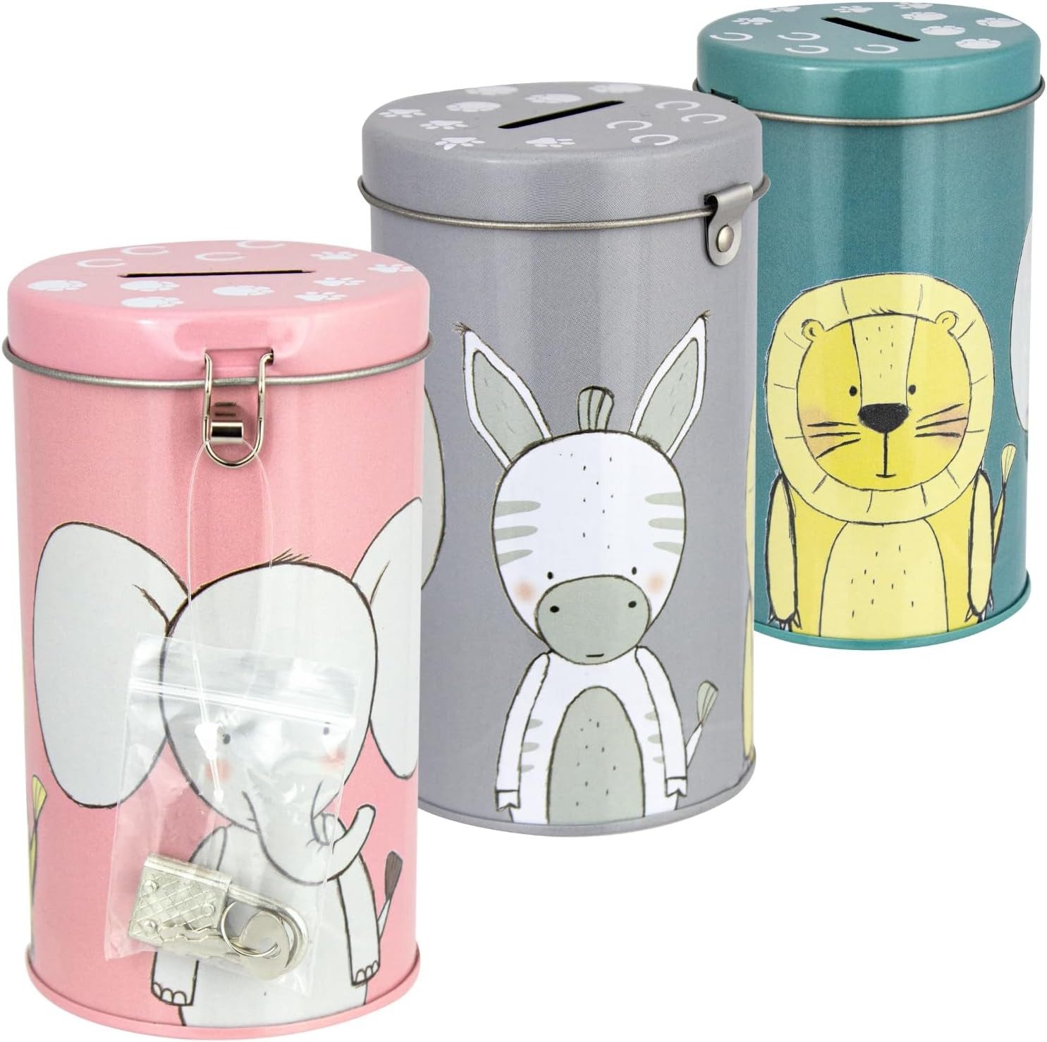 Centi Spardose Kinderspardosen Serie „3 Freunde“, (3er-Set), mit Schloss & Zottieren