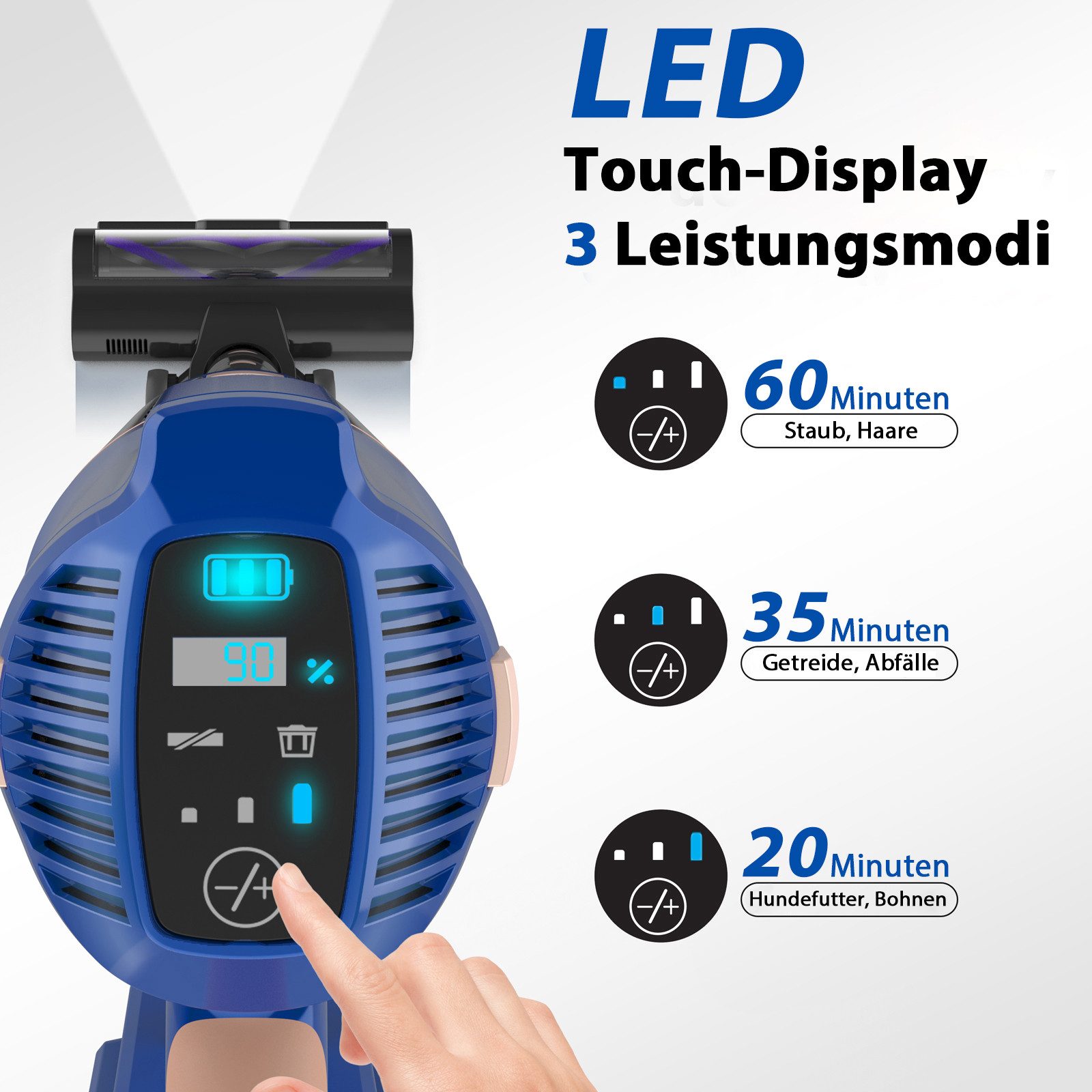 Grenintol Akku-Hand-und Stielstaubsauger Akku-Staubsauger 80.000 Pa, kabelloser Stielstaubsauger mit HEPA, 500 W, beutellos, inkl. Akku, Ladegerät, Wandhalterung und Zubehör