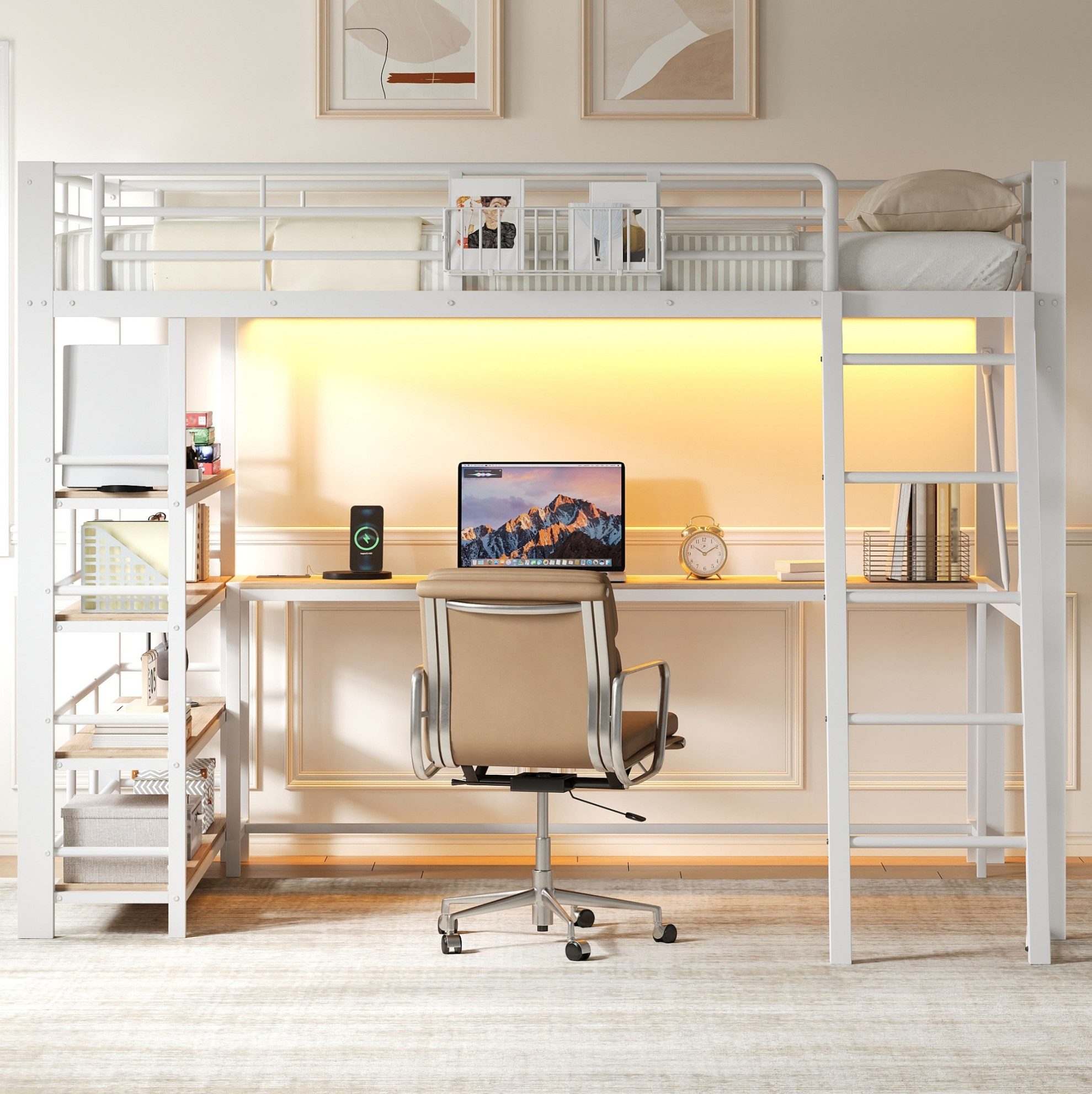 MODFU Hochbett Bett mit integriertem Tisch und praktischer USB Ladefunktion (Packung, 1-St., Erhöhtes Schlafbett mit Körben und flexiblen Staufächern) 140x200 cm Metallbett Aufbau Weiß mit LED Licht ohne Matratze