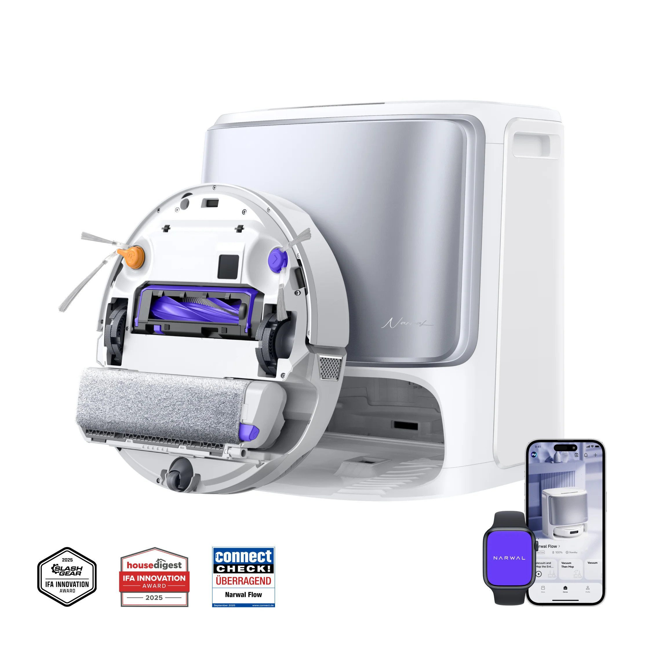 Narwal Saugroboter Freo Flow + Narwal Zubehörpaket, Tierhaare DualFlow Tangle-Frei, 45-80°C Spülen und Heißlufttrocknung