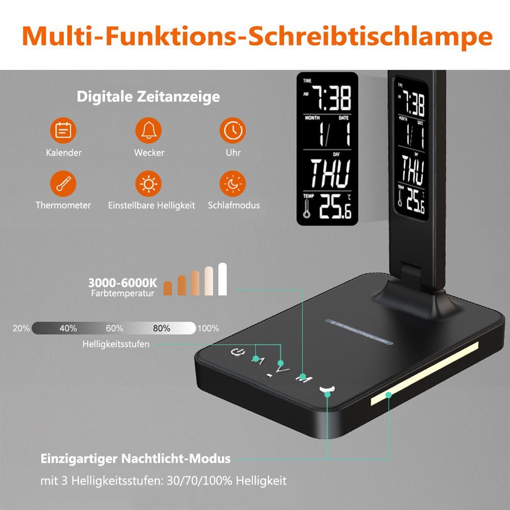 Sunicol LED Tischleuchte USB-Ladeanschluss, Digitalwecker, Uhr, 3000-6000K, Tageslichtweiß, kabellosem mit Ladegerät, mit Temperaturanzeige Augenschutz, faltbar