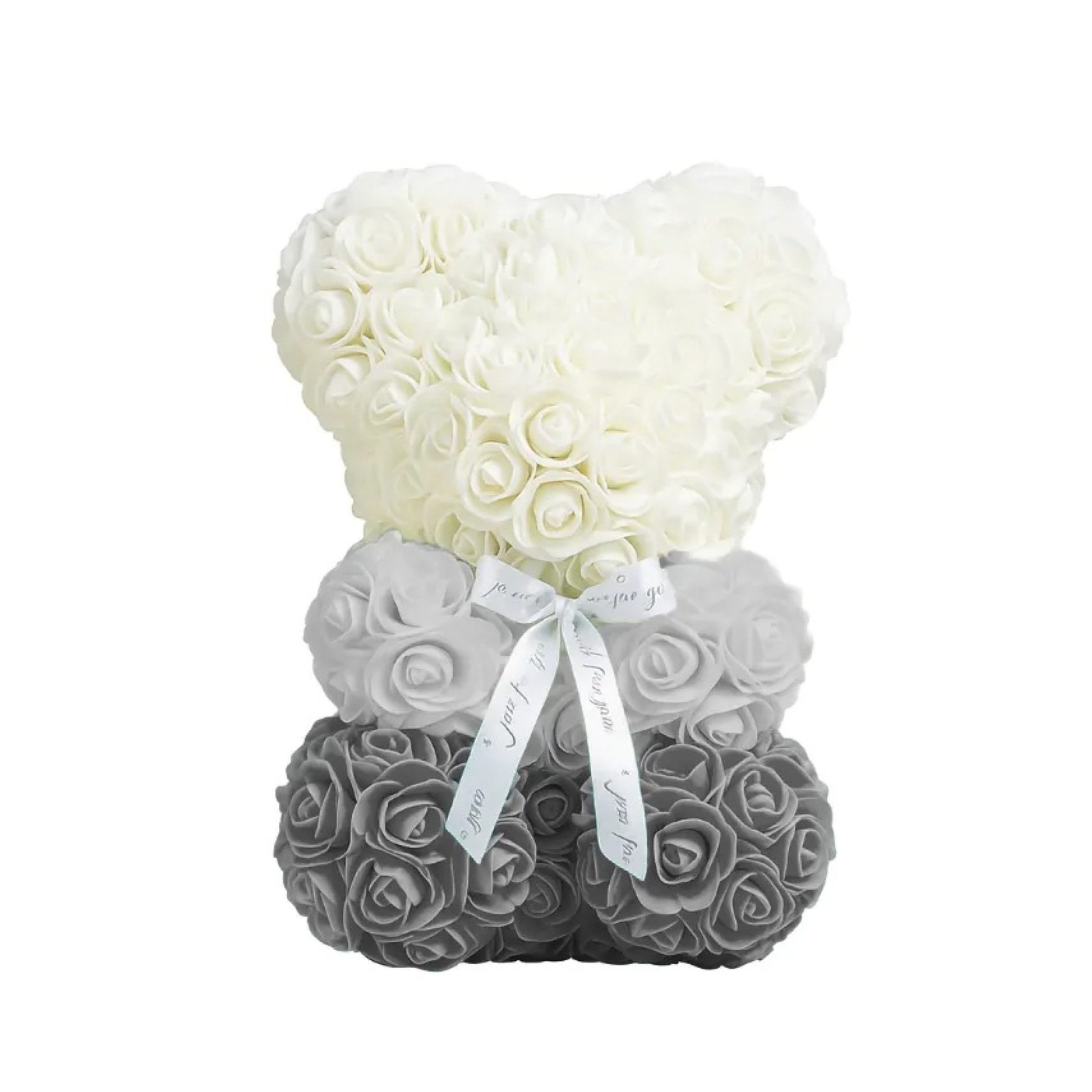 AMORE MIO LED Dekoobjekt Teddybär mit Rosenblüten Schwarz Weiß LED Geschenkbox 25 cm, LED fest integriert, Künstliche Rosen LED-Anhänger Allergikergeeignet Langlebig