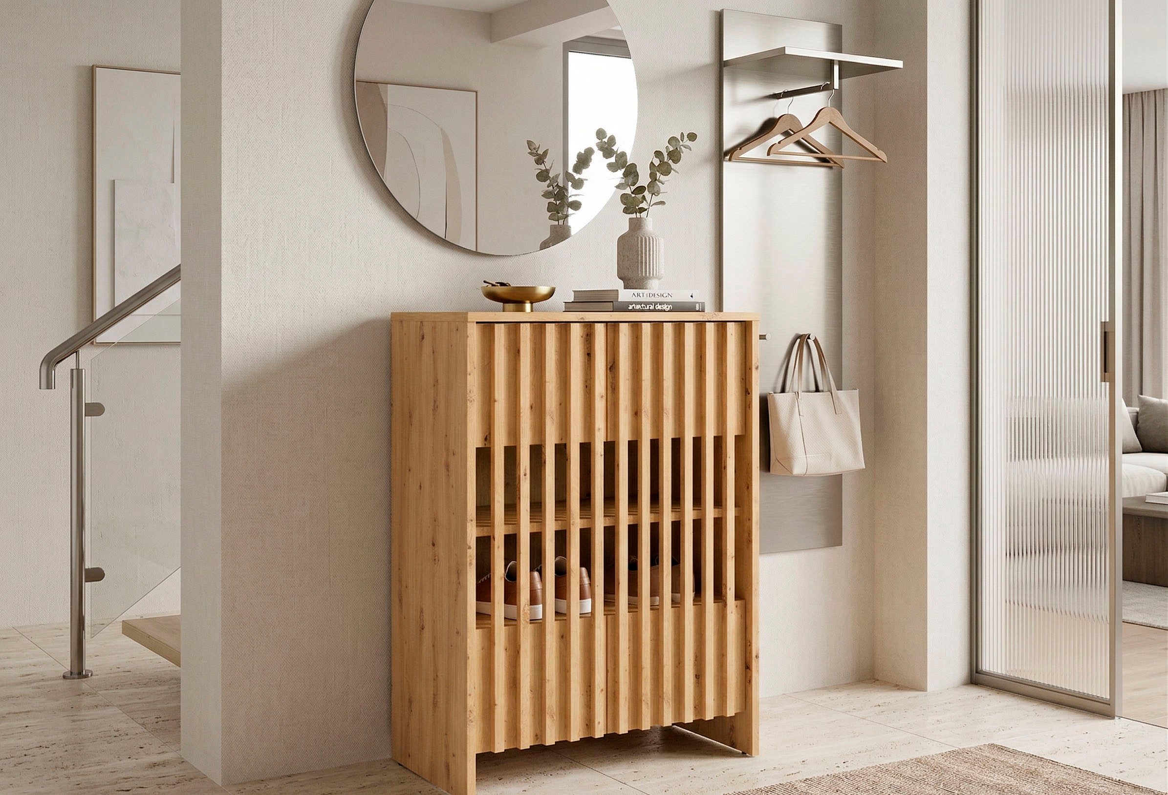 Home affaire Mehrzweckschrank MURET, multifunktionale Kommode, 4 Fächer und 2 Türen, Lamellenfronten (Maße B/T/H: 60/35,4/87 cm) Kommode mit viel Stauraum, Maße B/T/H: 60/35,4/87 cm