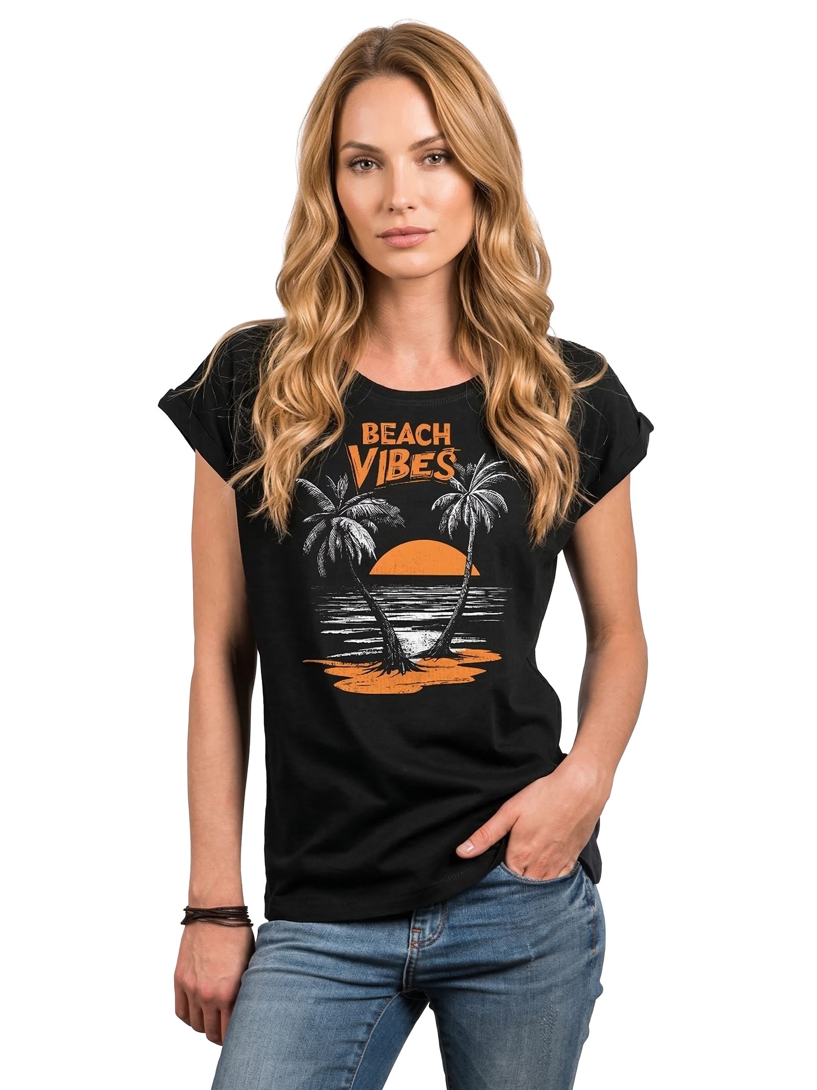 MAKAYA T-Shirt Vintage Damen-Top im Boho Stil – Palmen Sunset & Beachprint (Schwarz, Blau, 34, 36, 38, 40, 42, 44, 46, 48, 50) Baumwolle